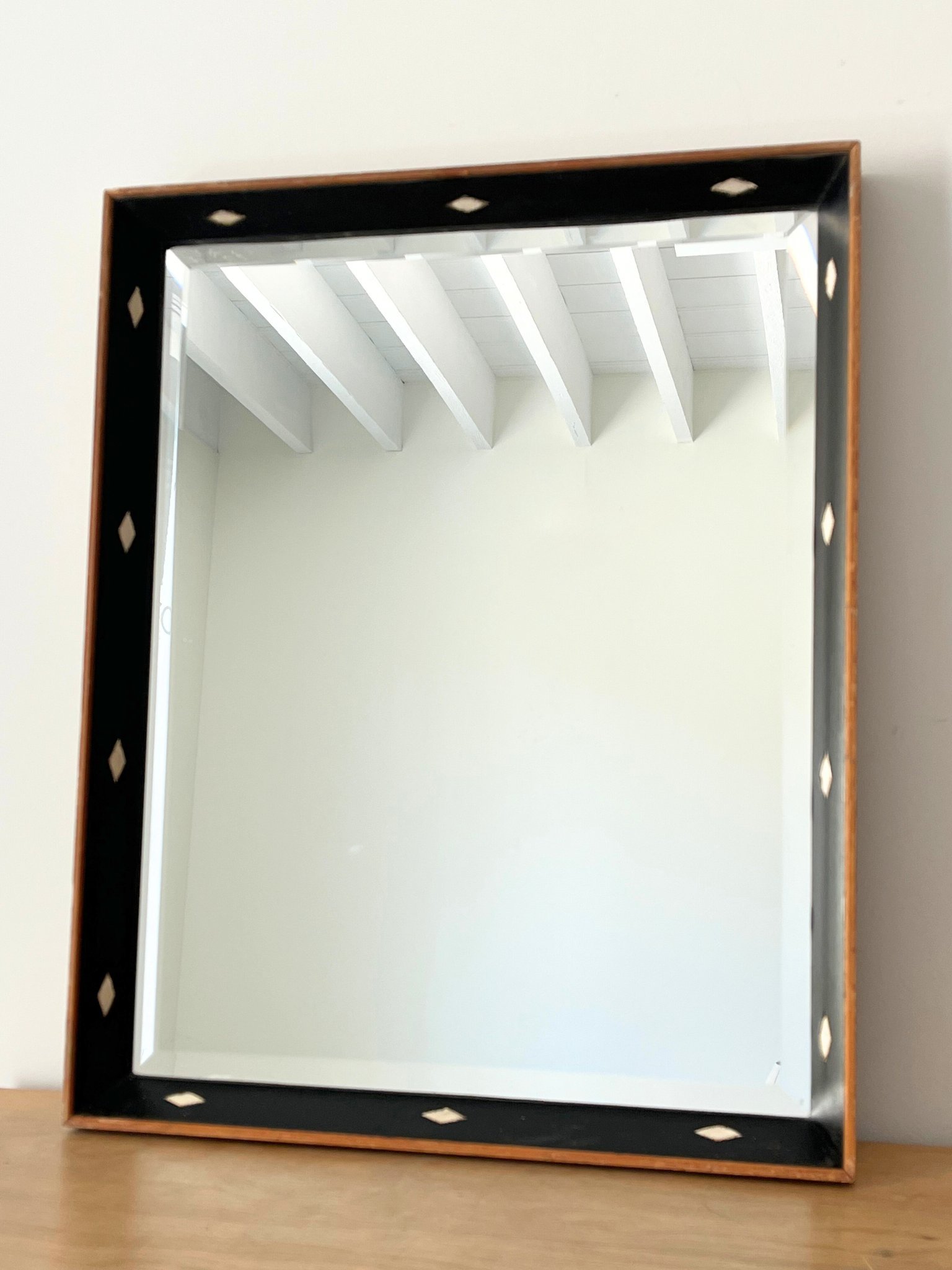 20th Century Leather Mirror With Harlequin Diamond Design - Bureau Bruton Antiques and Vintage