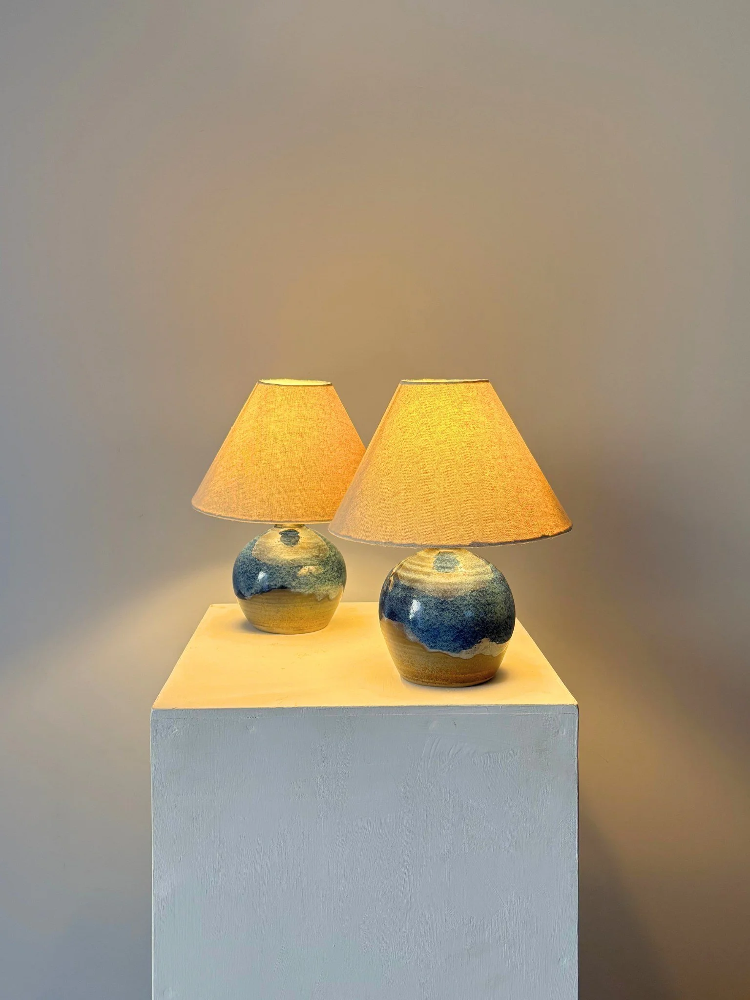 Pair of Mid Century French Studio Pottery Lamps With Blue Glaze - Bureau Bruton