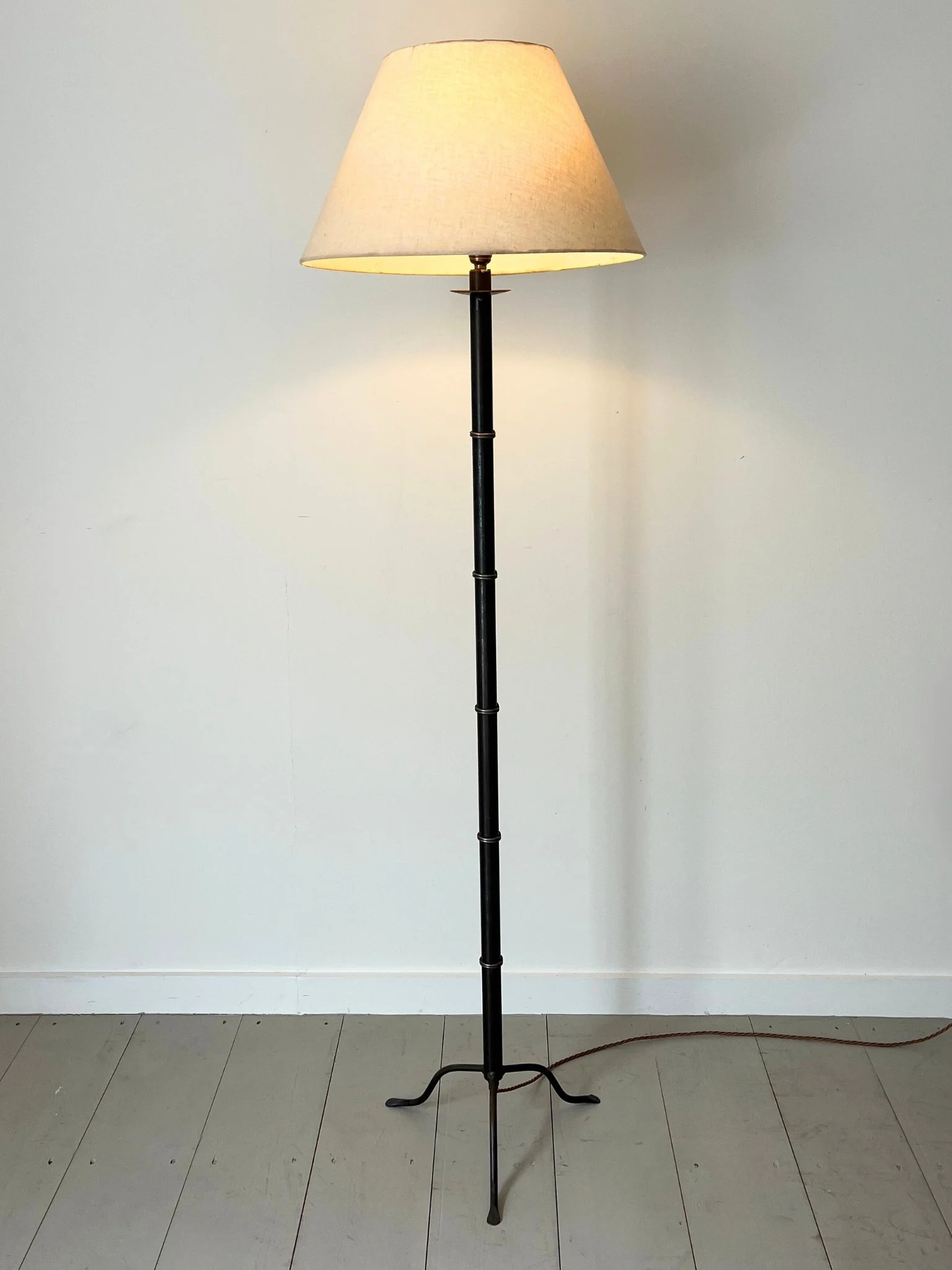 Mid Century Floor Standing Lamp In Turned Metal To Simulate Bamboo, Rewired and PAT Tested - Bureau Bruton