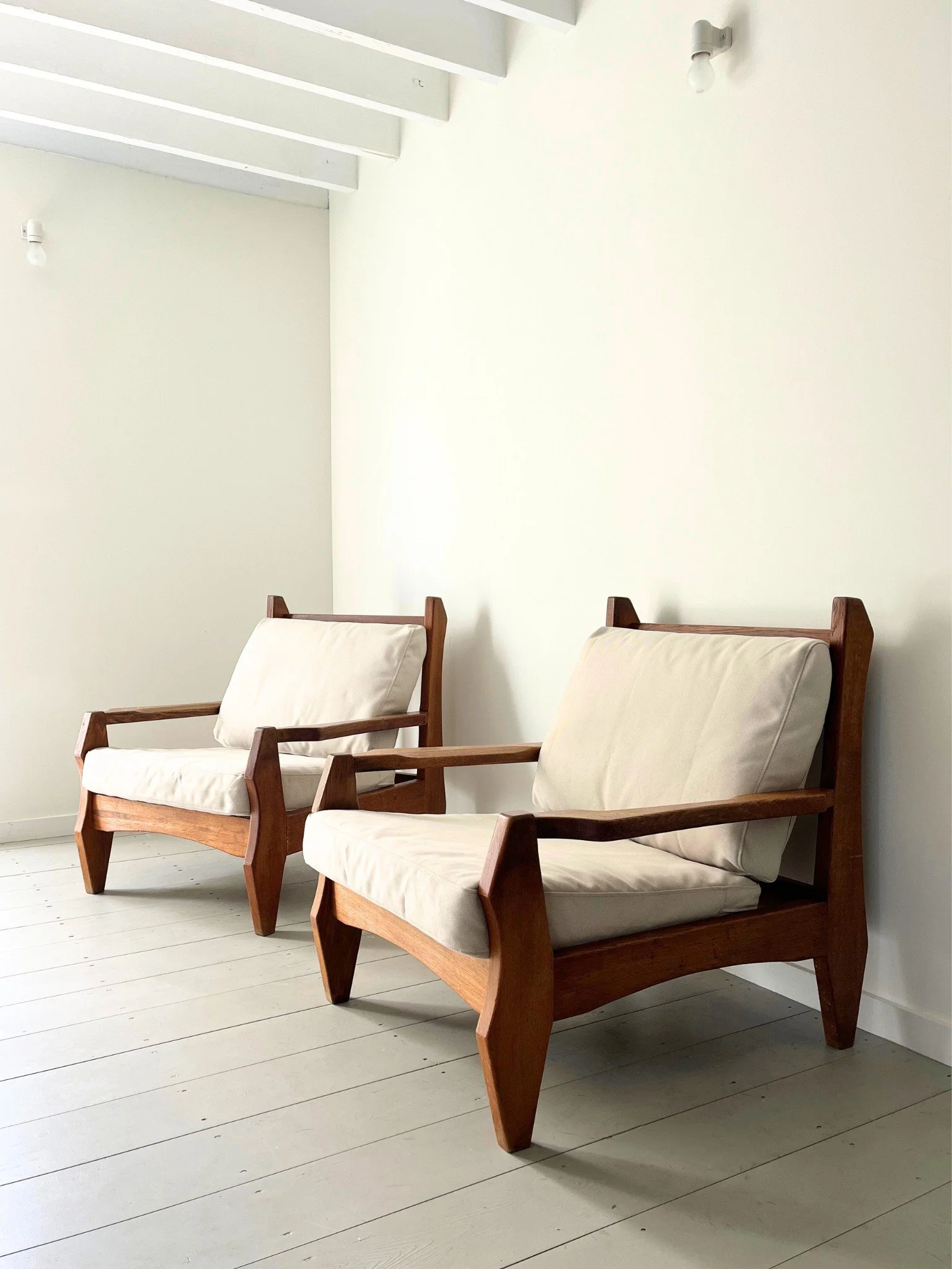 A set of 1940s 1950s oak frame armchairs or lounge chairs with brutalist minimalist and constructivist design influence - Bureau Bruton