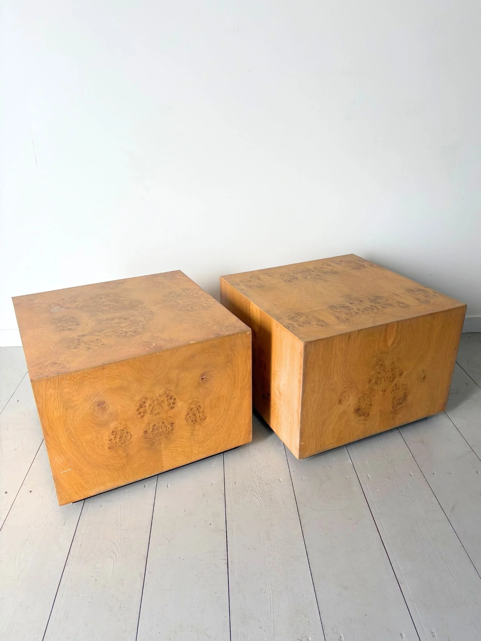 Pair Milo Baughman Style Modernist Burl Wood Cube End of Side Tables - Bureau Bruton Antiques and Vintage Sourcing and Shop