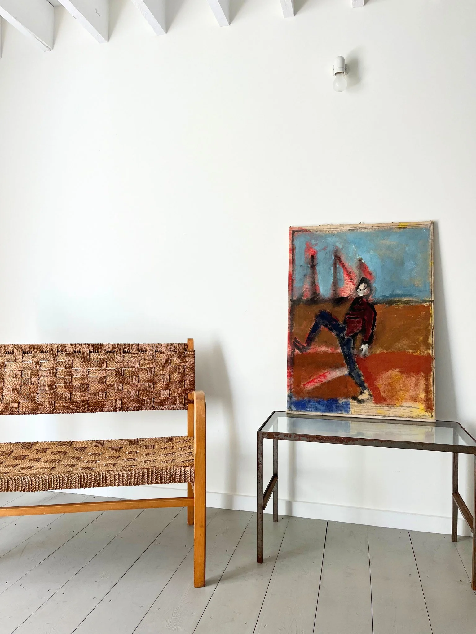 1930s Swedish woven rope bench designed by Axel Larsson and made by Bodafors, styled here with an Abstract Vintage Oil Painting, at the Bruton showroom - Bureau Bruton