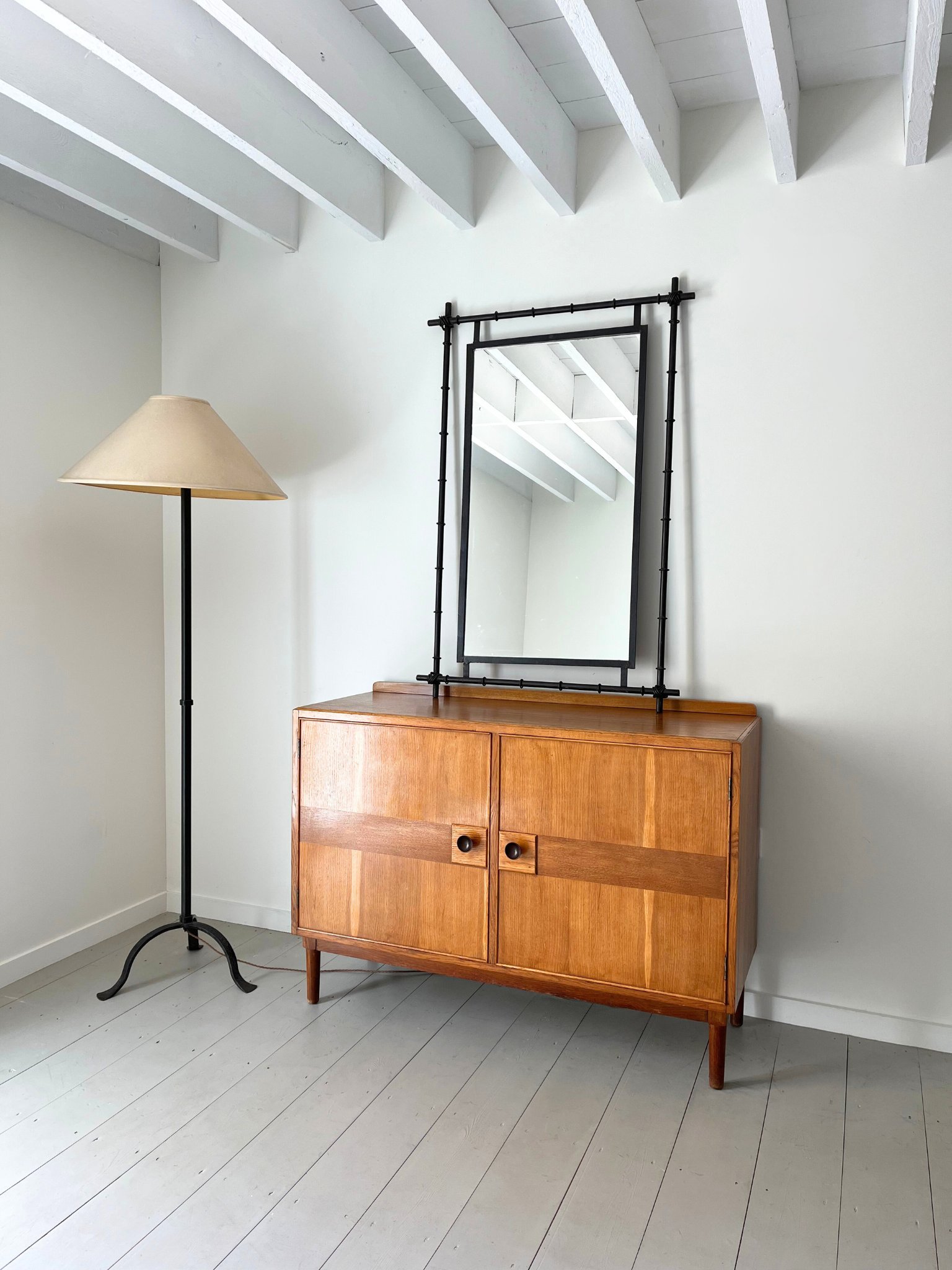 Simulated Bamboo Mirror In Steel, Sits Atop A Mid Century Inlaid Sideboard - Bureau Bruton Design and Vintage Gallery and Sourcing Service