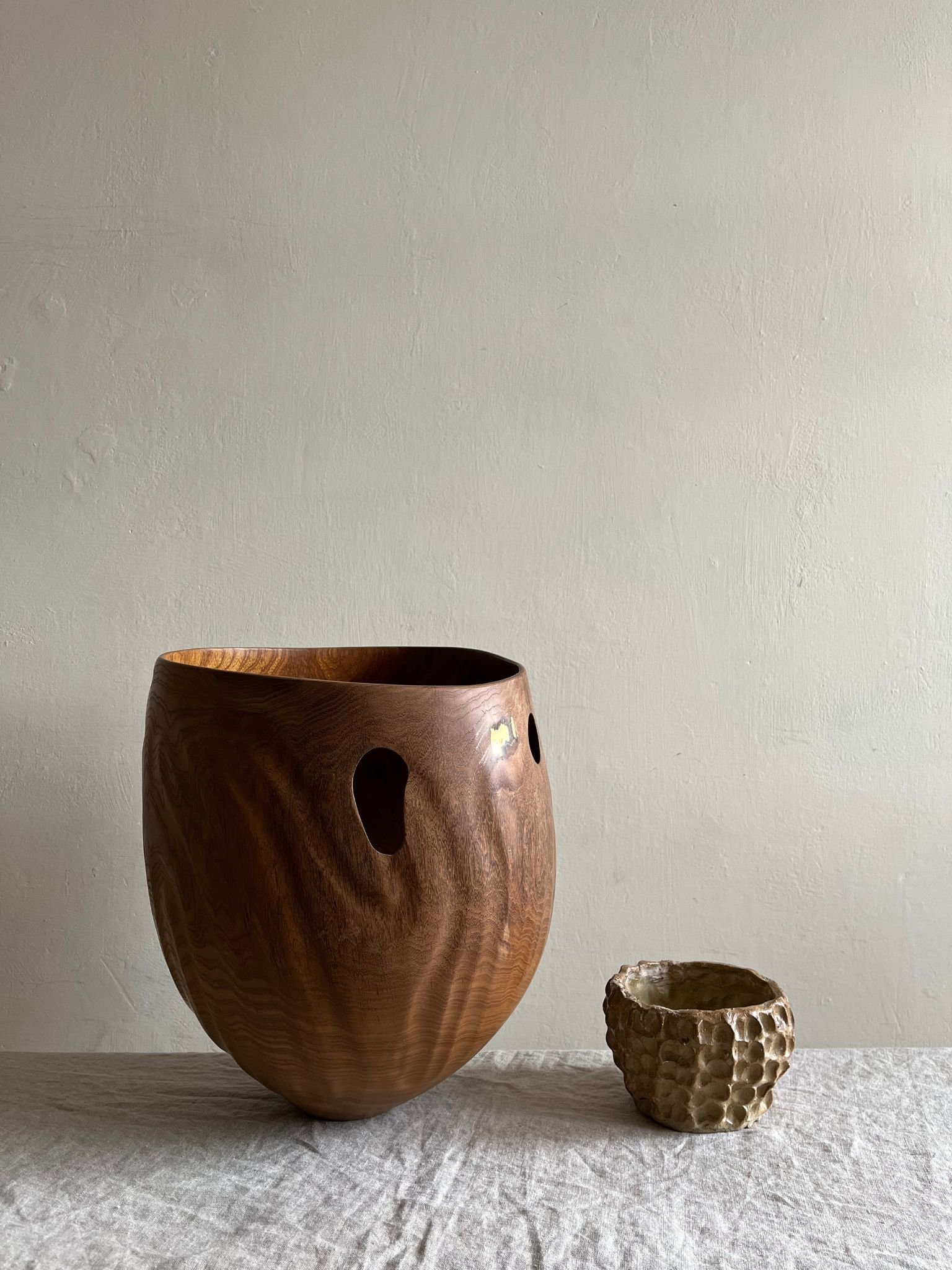 Wooden hand carved sculpture vessel in Laburnum wood with gold leaf details, representing the rhythms of nature - Bureau Bruton art design and antiques showroom and store