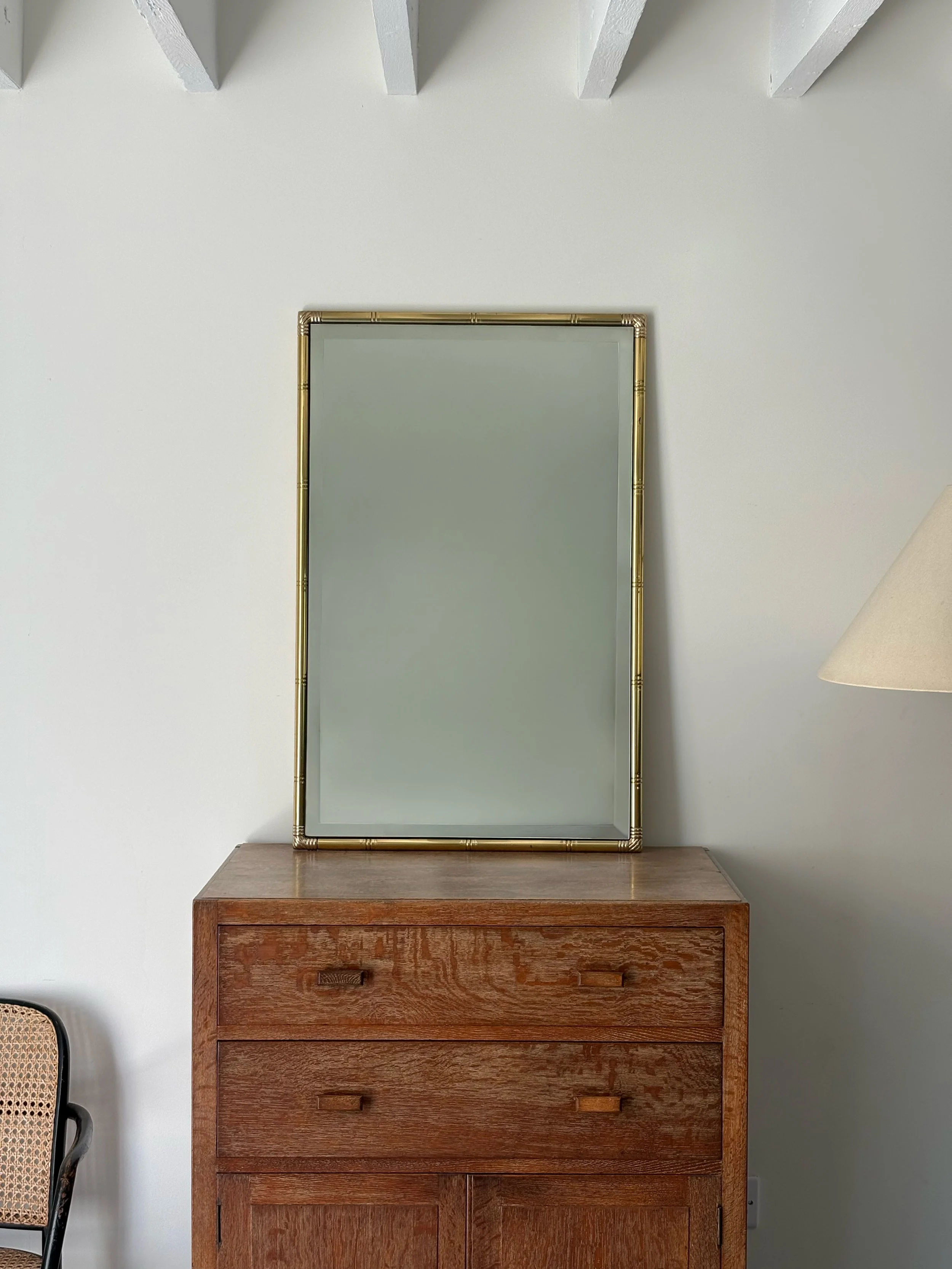 This original Mid Century rectangular mirror is simple in design with faux bamboo details to the frame and corners and a bevelled plate - Bureau Bruton