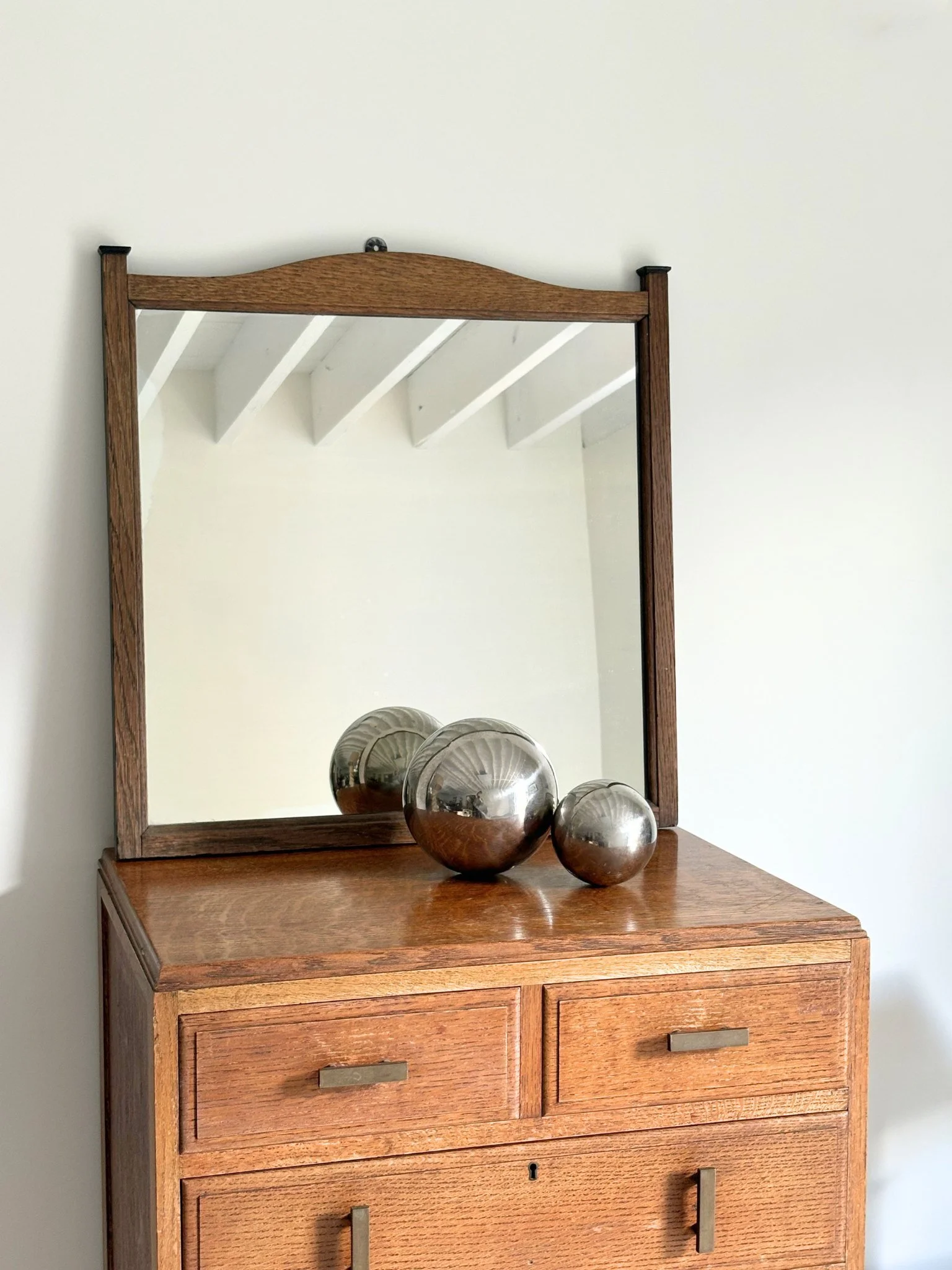 Arched Oak Framed Arts and Crafts Wall Mirror - Bureau Bruton Antiques and Vintage