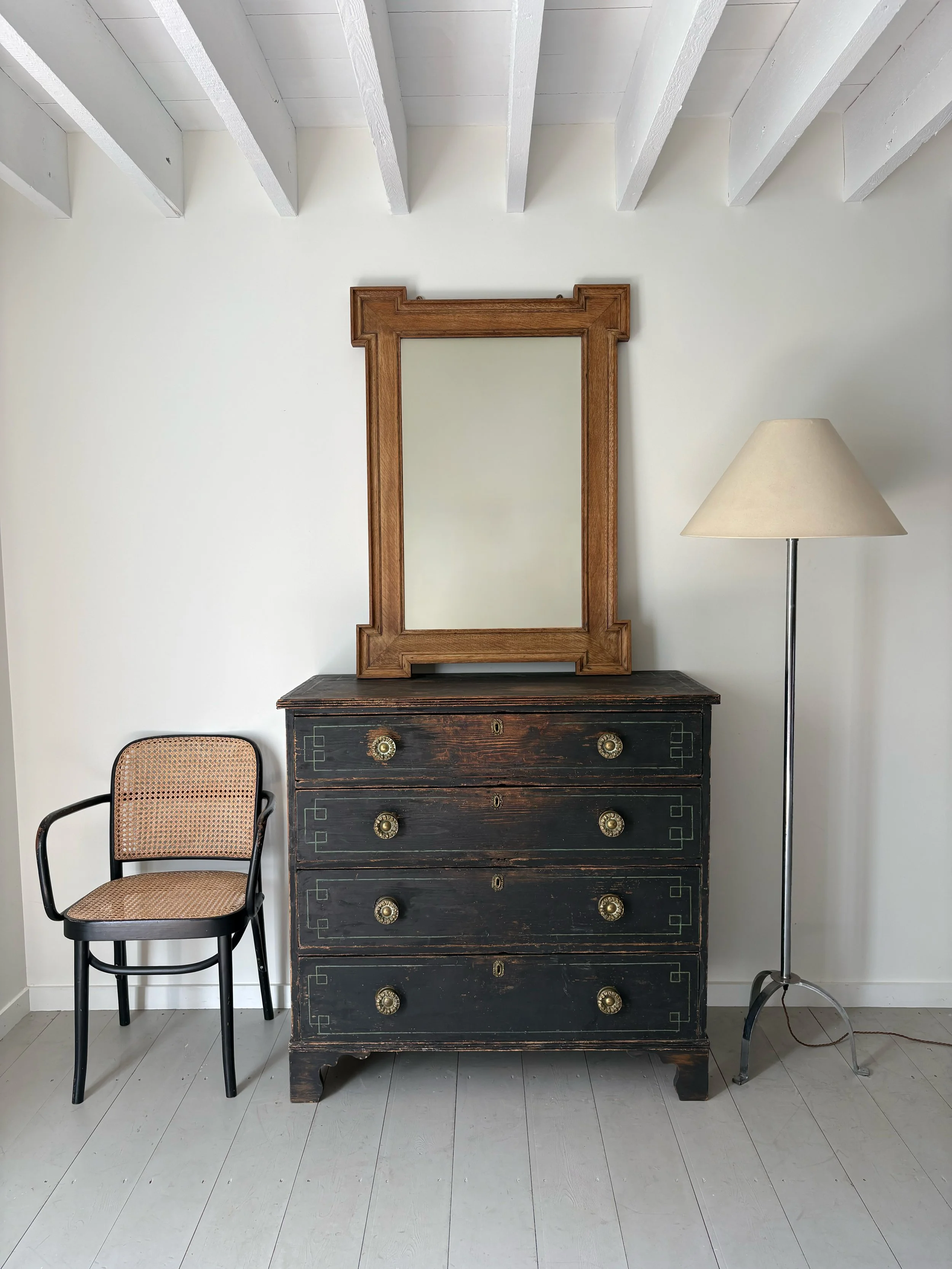 Striking Arts and Crafts Wall Mirror With Limed Oak Wood Frame and Architectural Crossette Corners - Bureau Bruton