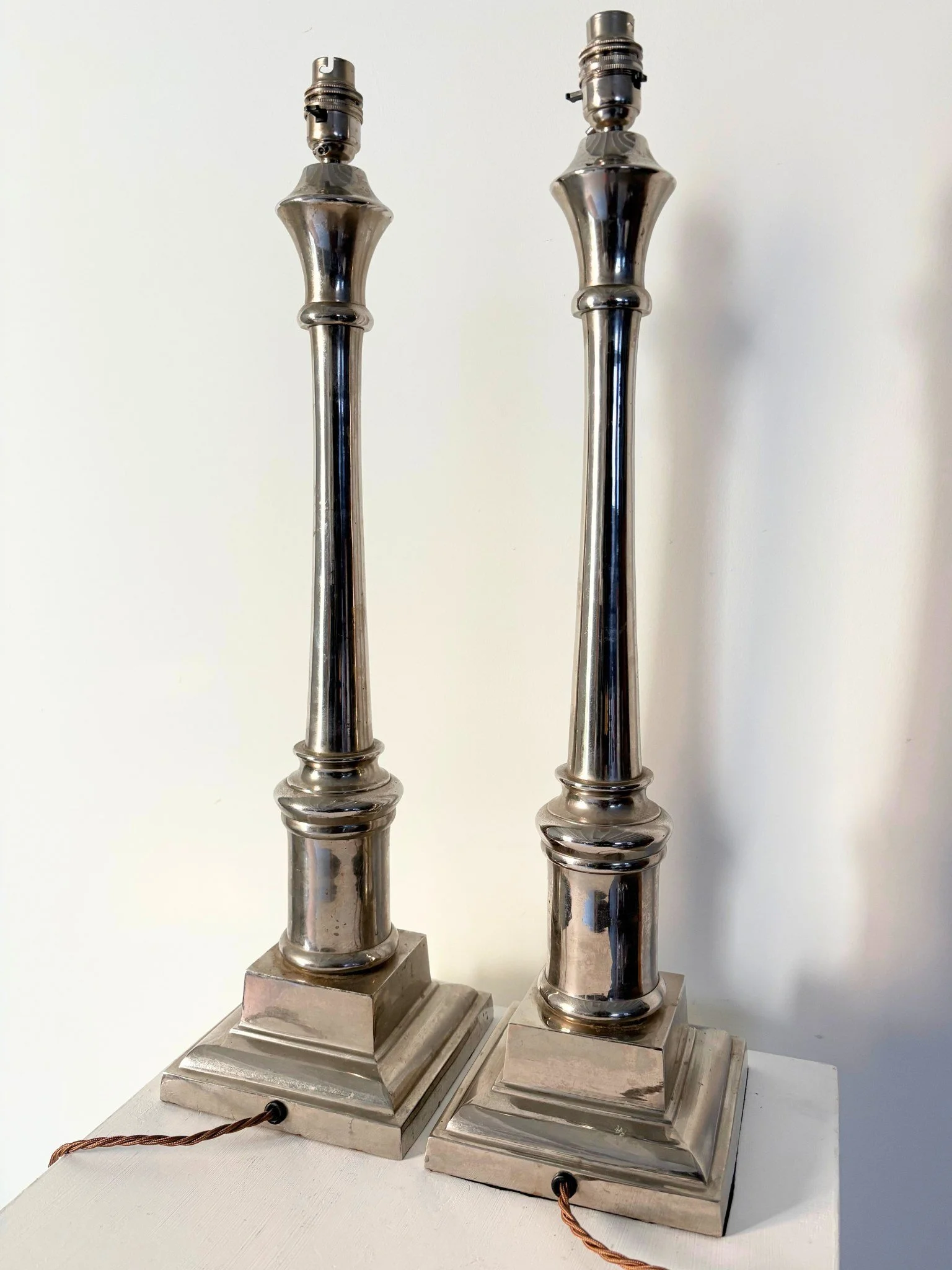 Pair of Neoclassical Tall Vintage Chrome Column Lamps - Bureau Bruton