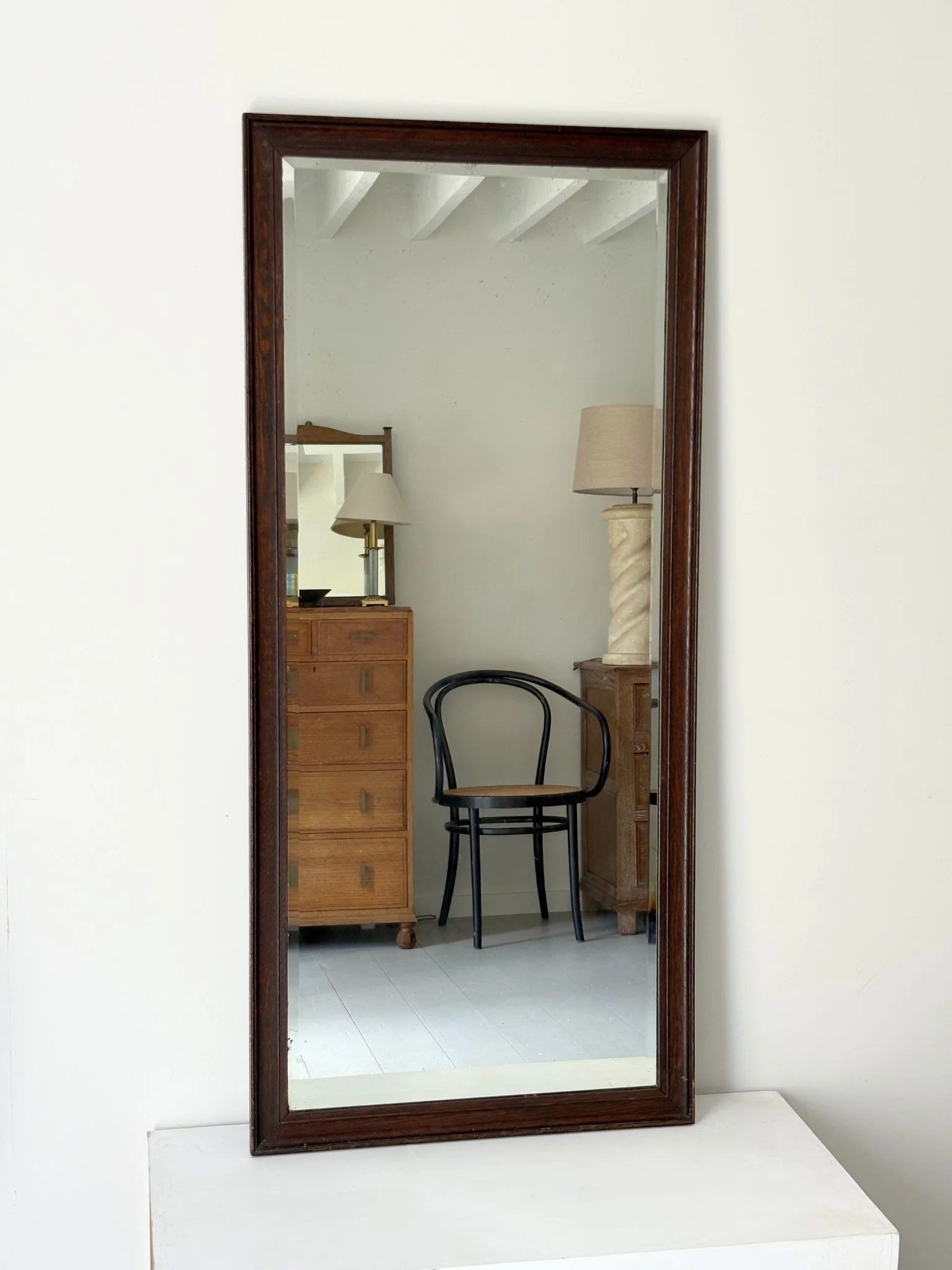 Tall Antique Mirror With Stained Oak Frame - Bureau Bruton