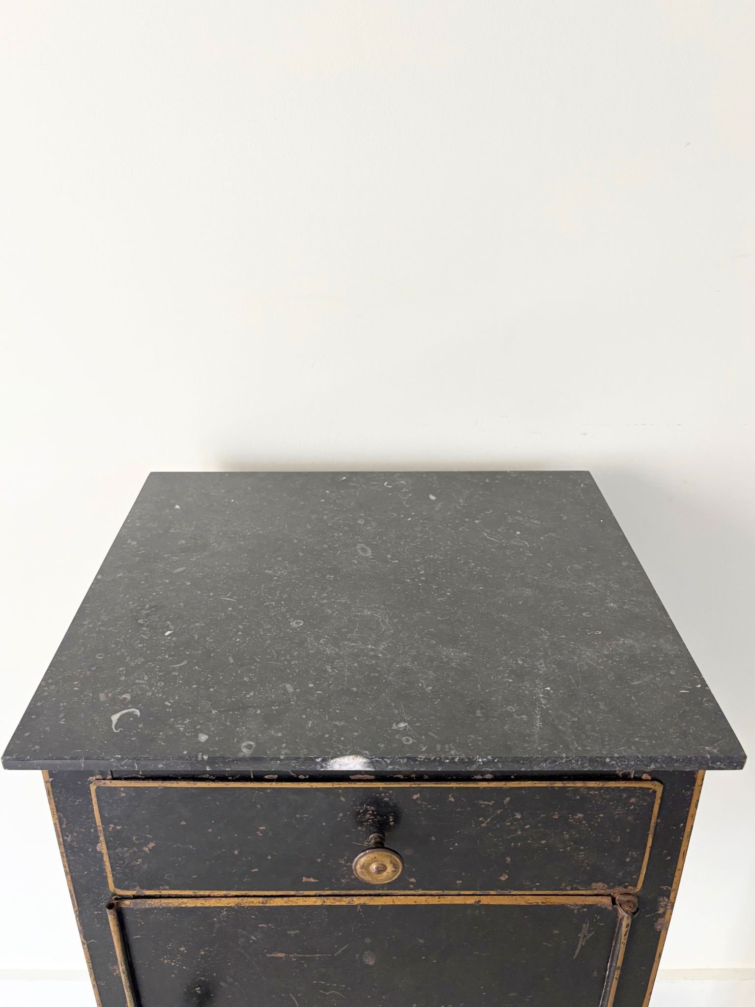 French Vintage Steel Side Table Cabinet With Marble Stone Top