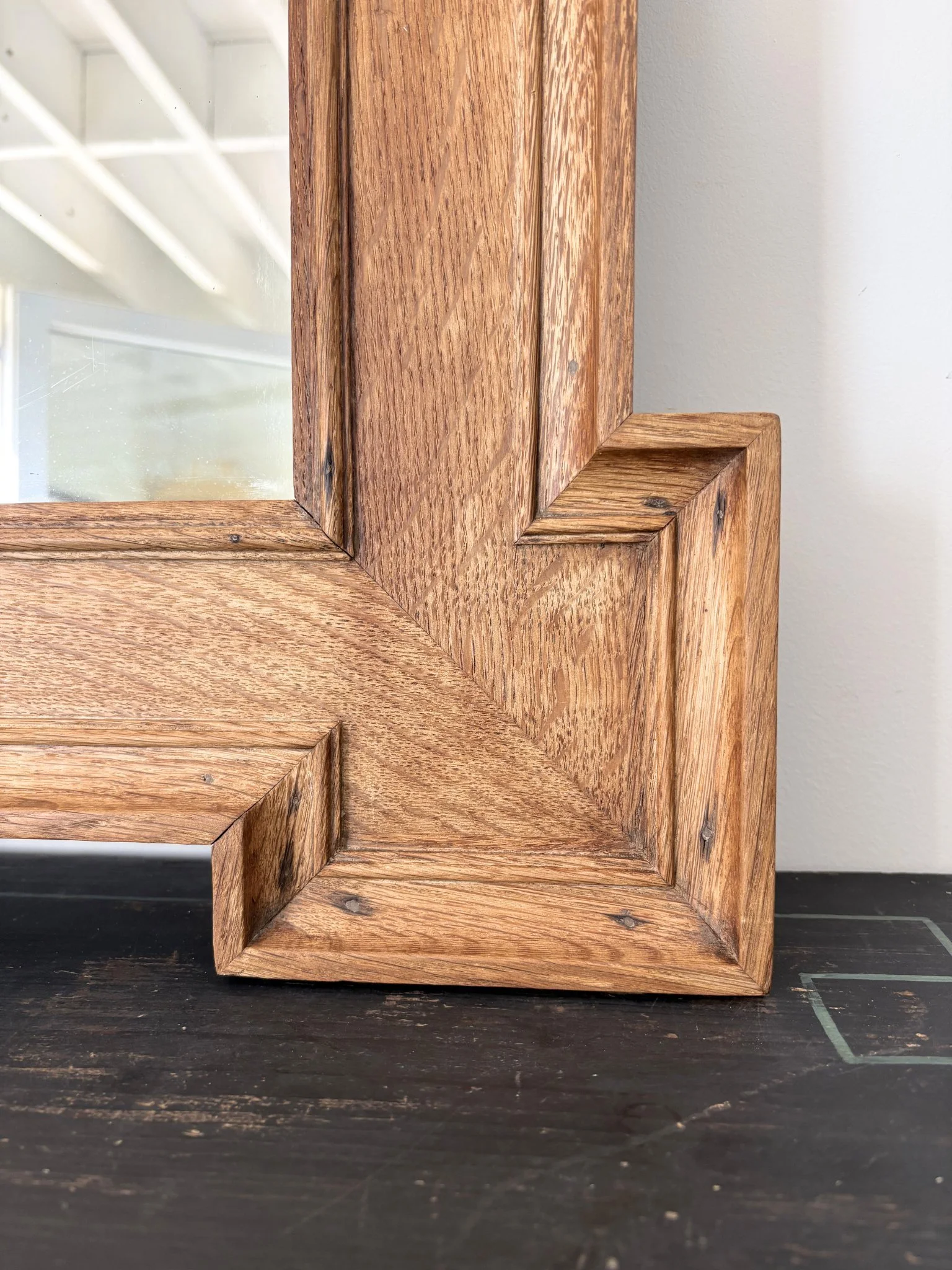 Crossette corner detailing on our large Arts and Crafts wall mirror - Bureau Bruton