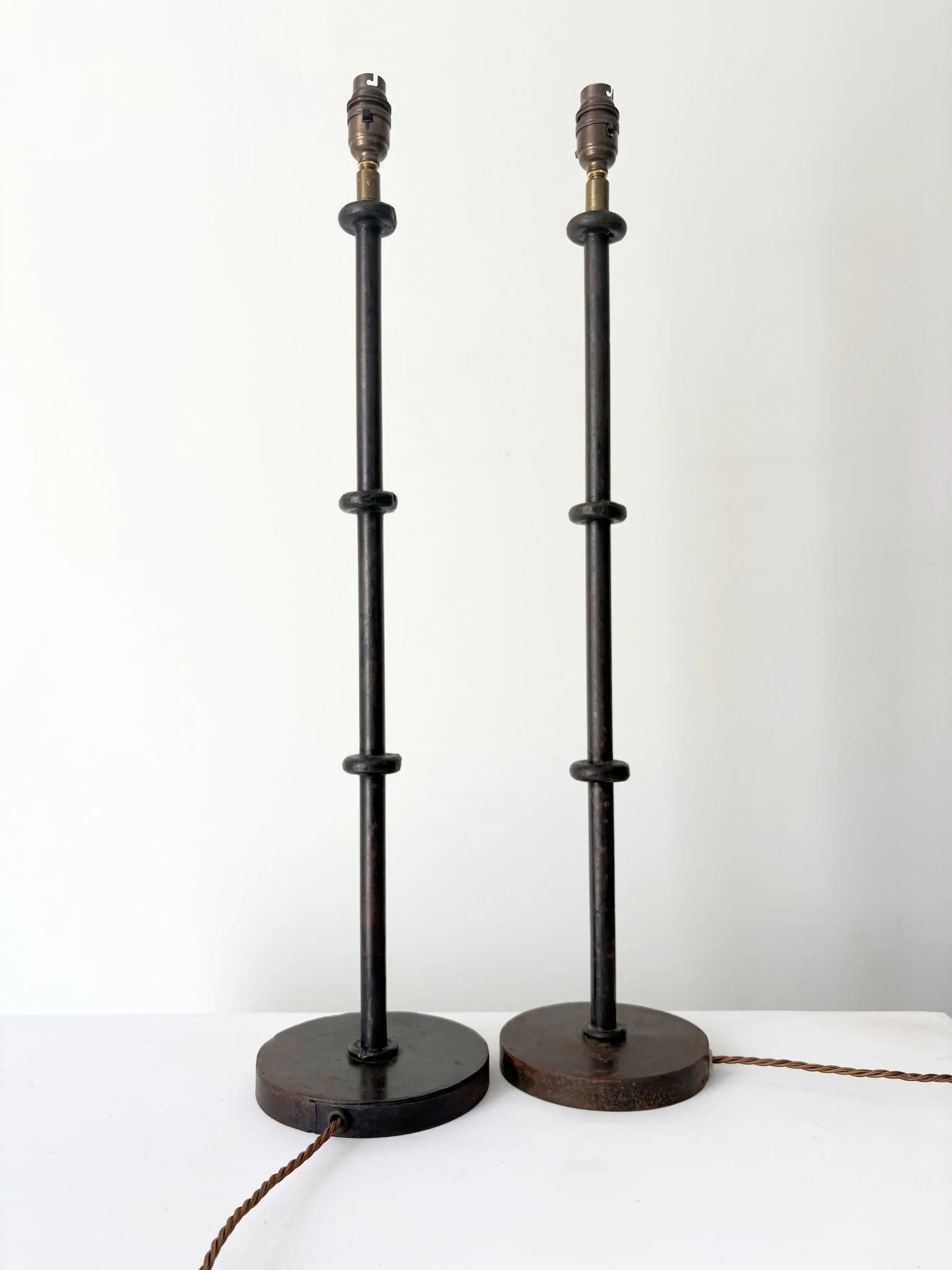 Turned Metal Faux Bamboo Table Lamps In the Manner of Jacques Adnet - Bureau Bruton Antiques and Vintage
