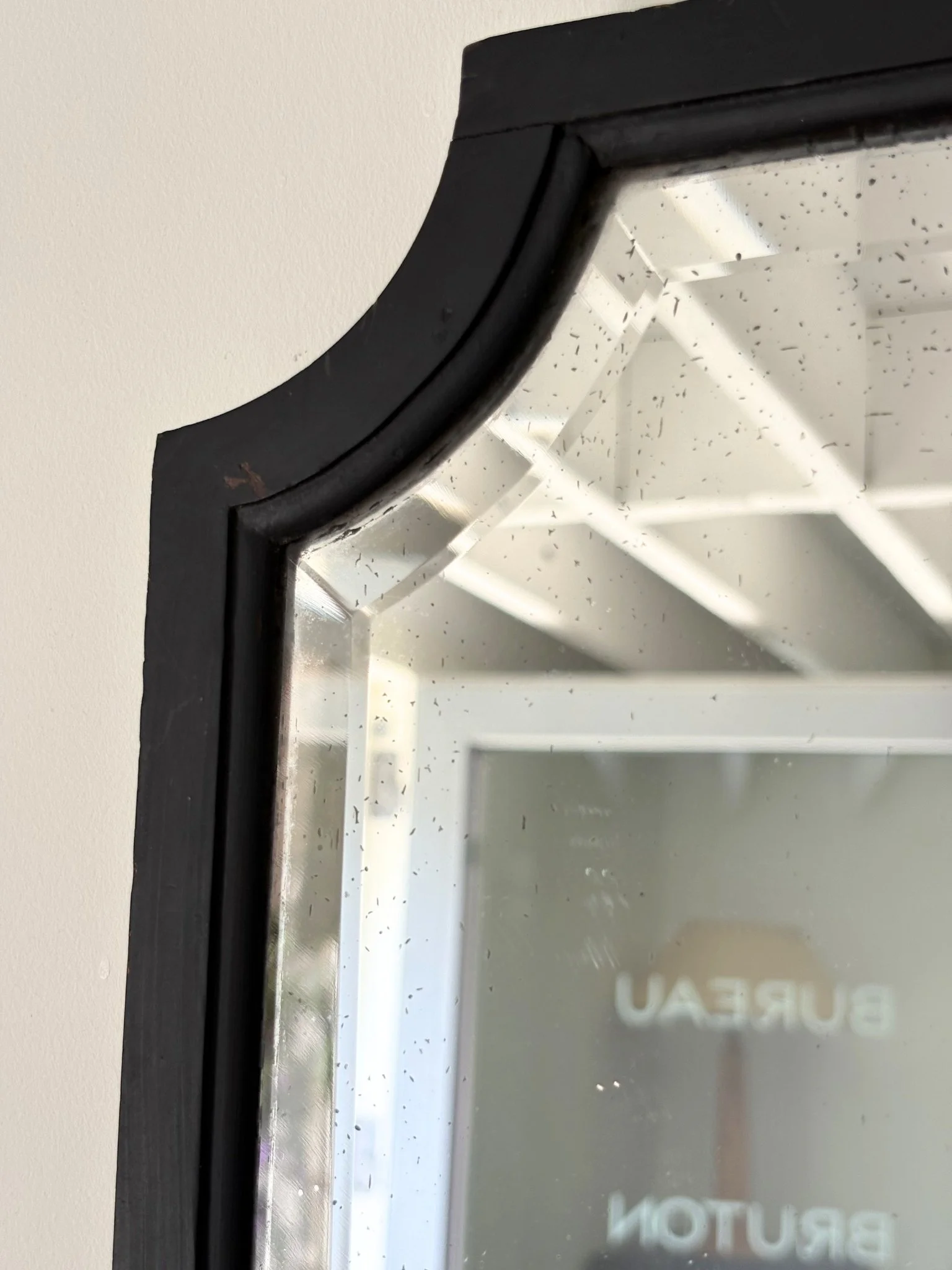 Antique Edwardian Scalloped Corner Wall Mirror With Black Ebonised Frame - Bureau Bruton