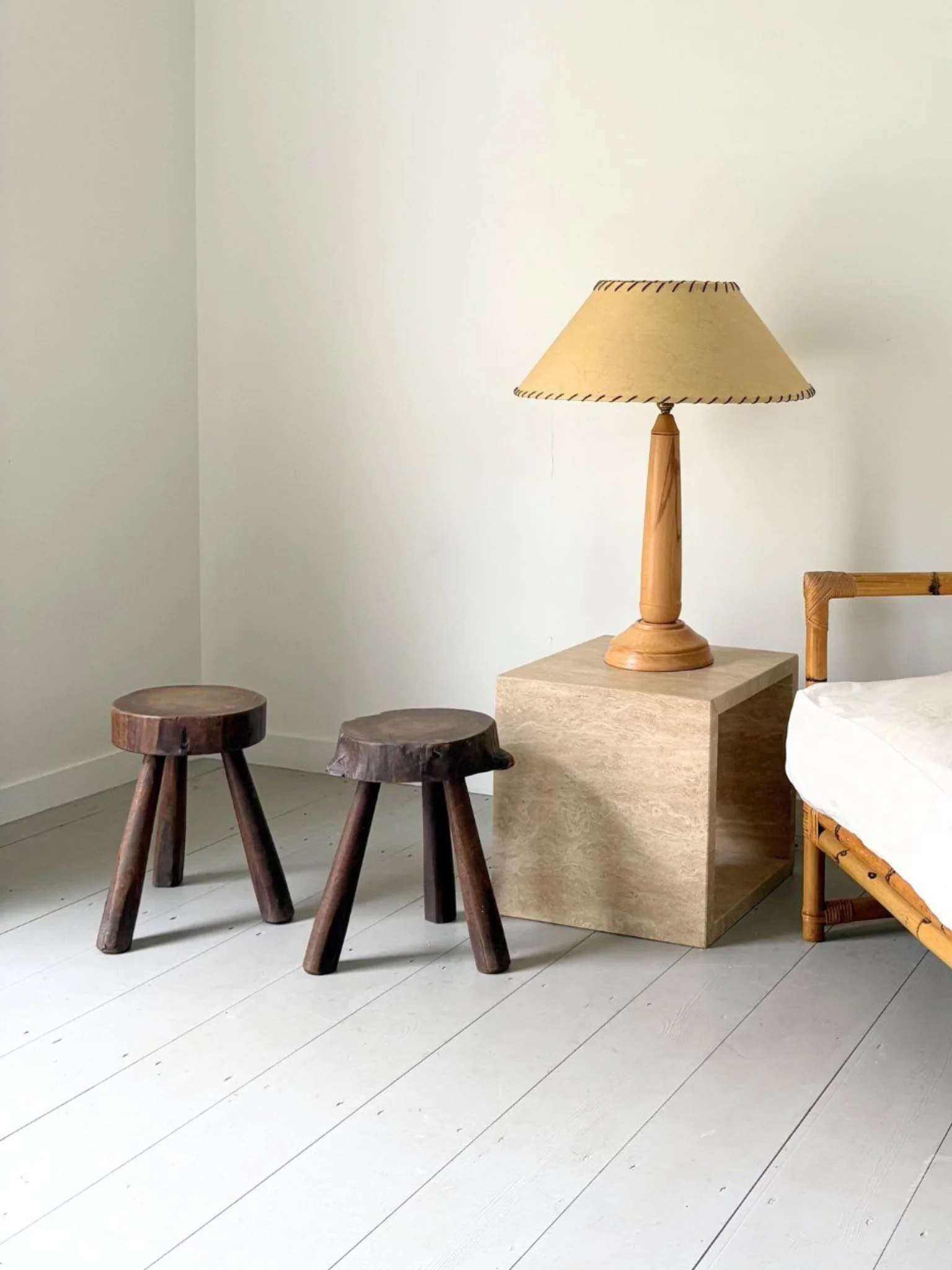French Mid Century solid wood stools with tree trunk slab tops - Bureau Bruton