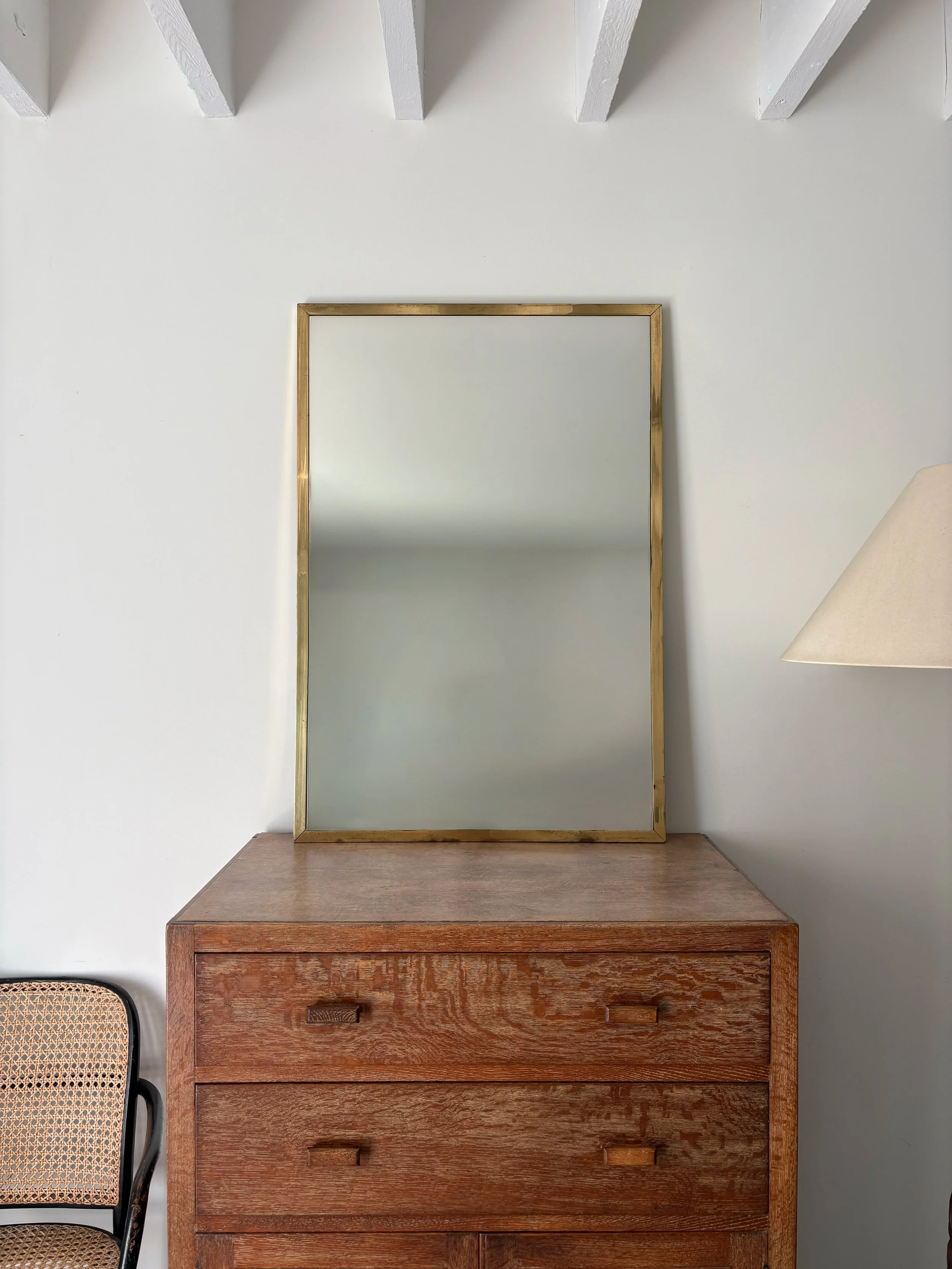 20th Century Minimalist Slim Frame Patinated Brass Wall Mirror - Bureau Bruton Antiques and Vintage
