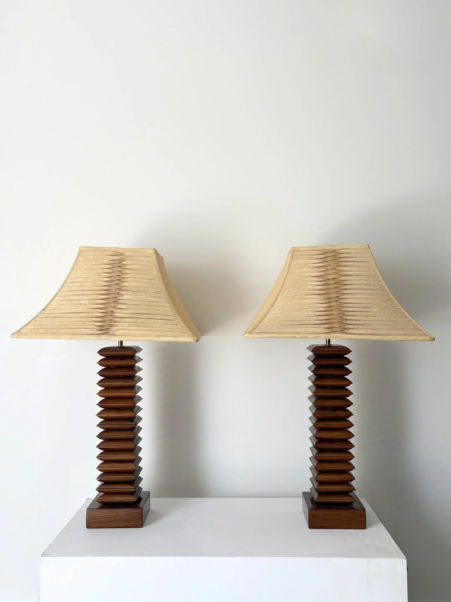 20th Century Vintage Solid Wood Pagoda Table Lamps With Pleated Silk Shades - Bureau Bruton Gallery and Shop
