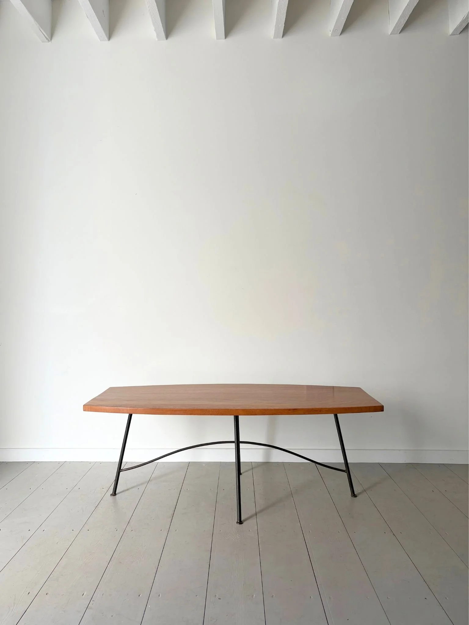 Mid Century Elliptical Oak Coffee Table With Sculptural Wrought Iron Legs - Bureau Bruton Antique and Vintage Shop and Sourcing Service