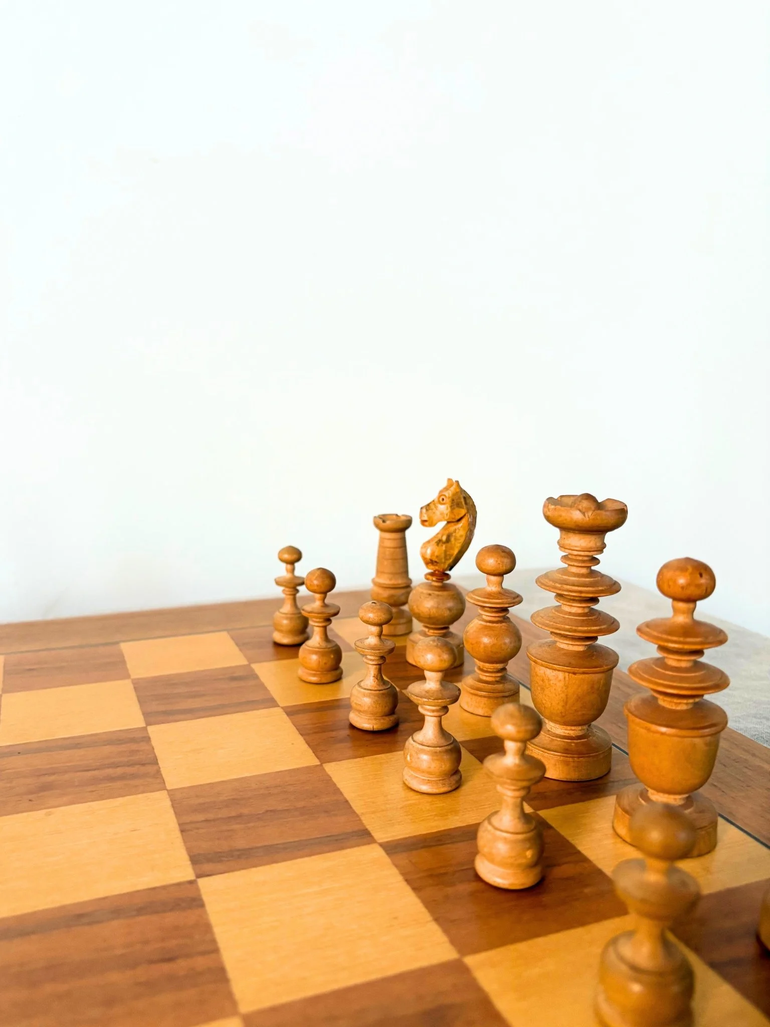 Blonde and Ebonised Wood Hand Turned Vintage Chess Set and Board - Bureau Bruton Gift Edit