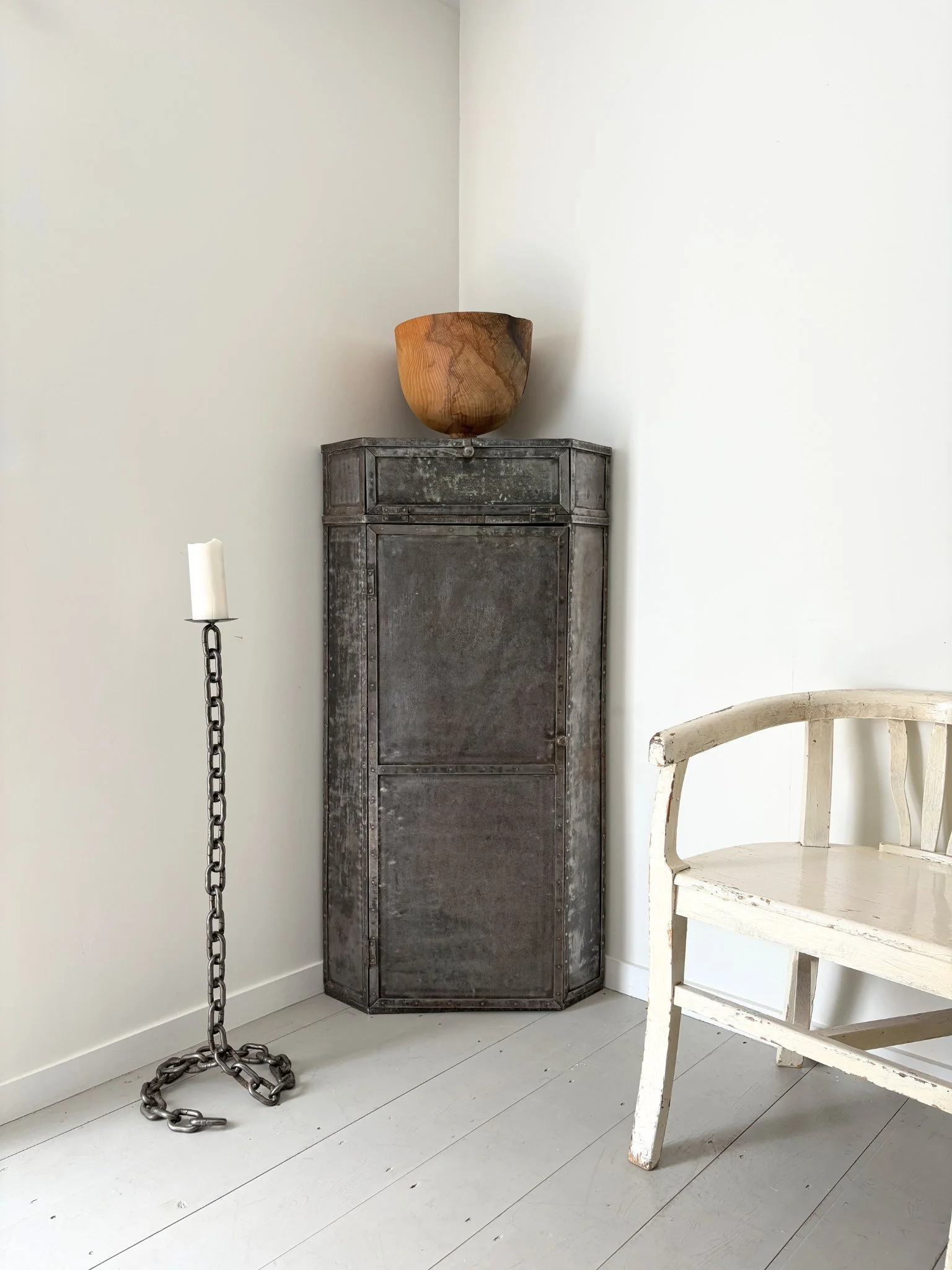 Floor Standing Chain Link Candlestick, photographed here with our Industrial Steel Cabinet - Bureau Bruton Antiques and Vintage