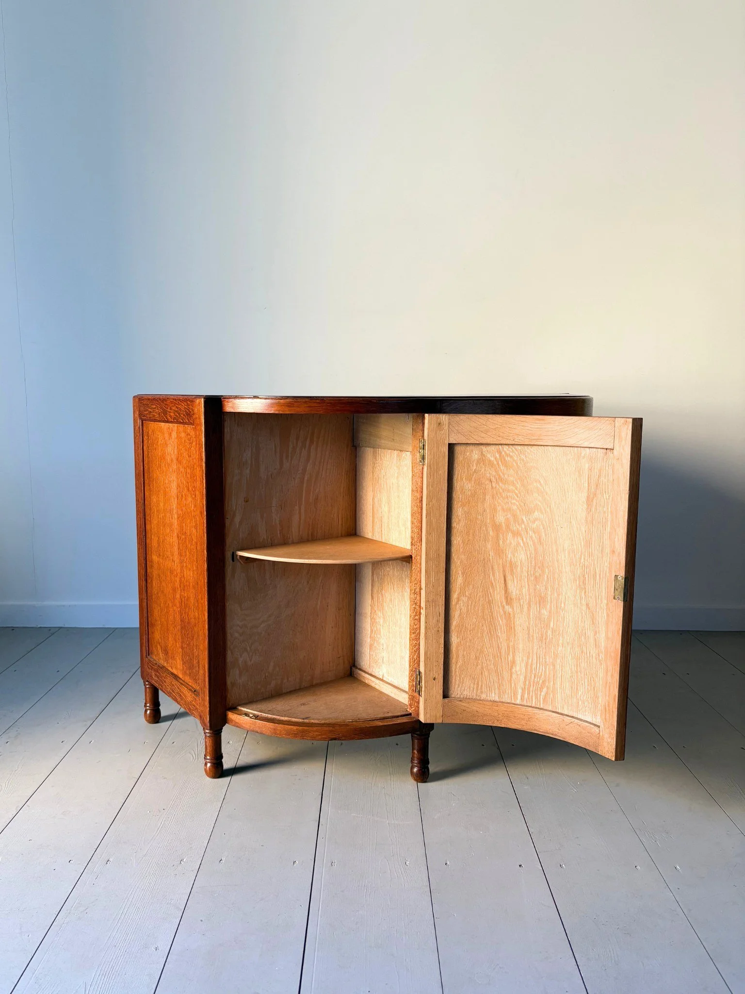 Hidden storage within this Art Deco writing desk with demi lune design, produced by Heals of London in the 1930s - Bureau Bruton