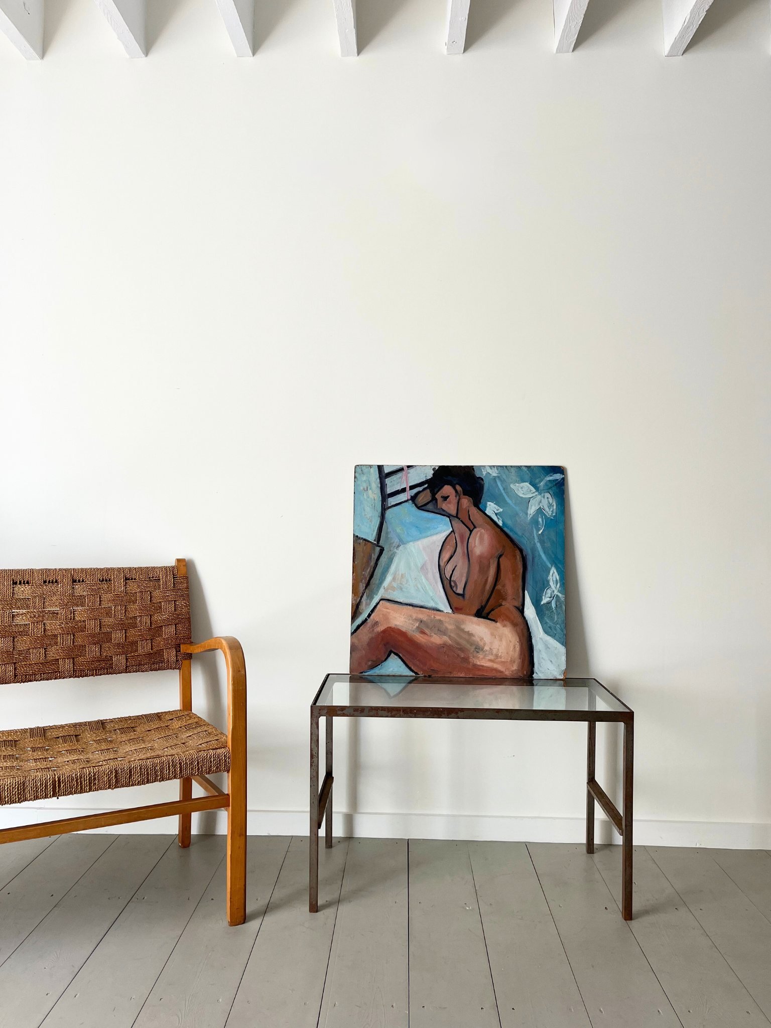 This 20th century Modernist woven rope bench and Expressionist Nude Oil painting are on view at Bureau Bruton design and antiques showroom, Somerset