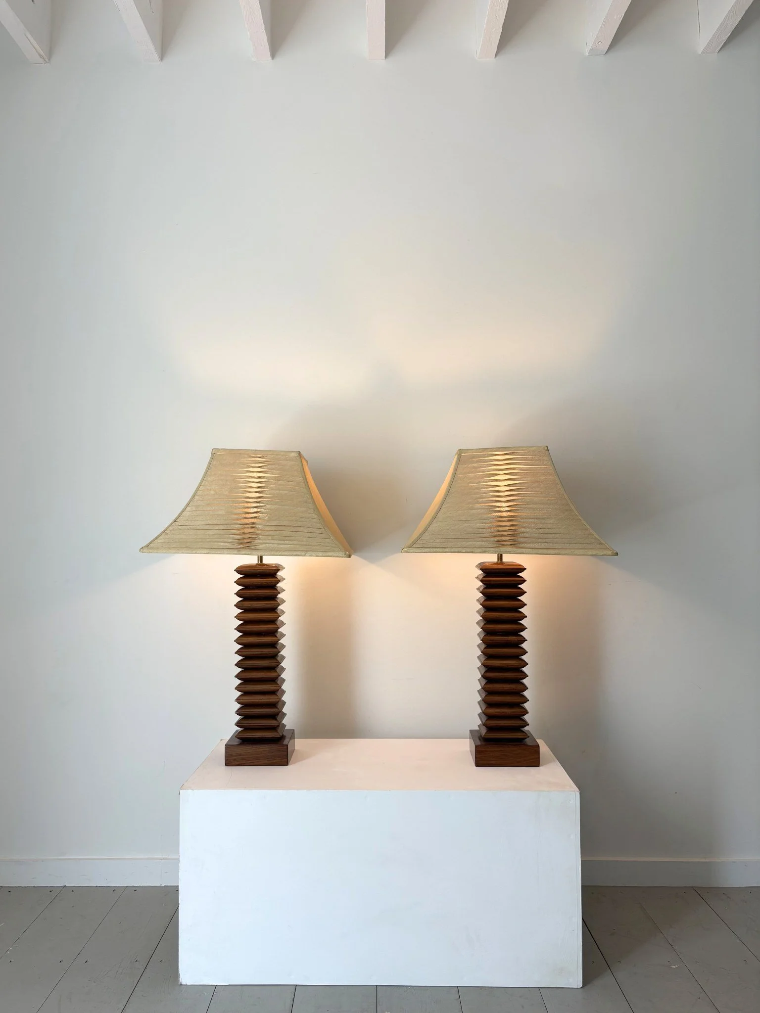 Totem Design Modernist Table Lamps With Vintage Silk Pagoda Shades - Bureau Bruton