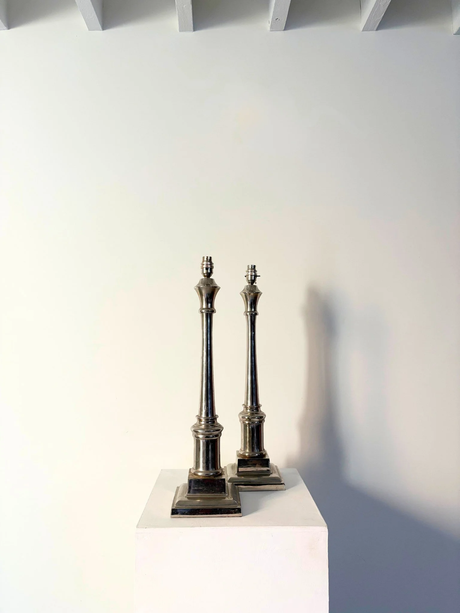 Pair of Tall Chrome Column Table Lamps - Bureau Bruton Antiques and Vintage