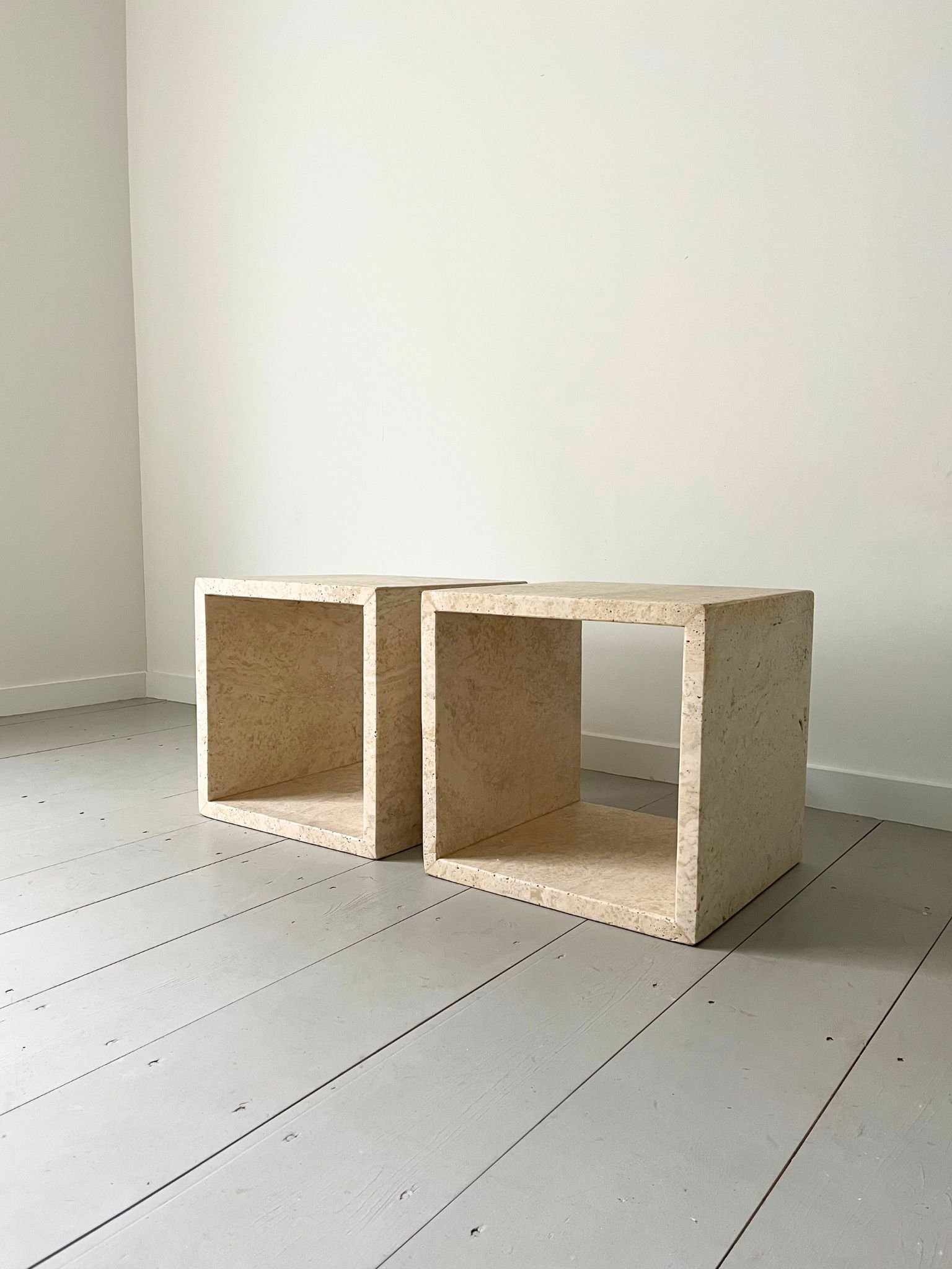 Pair of Travertine Cube Side Tables or Beside Units In Solid Italian Travertine Marble Stone - Bureau Bruton Antiques and Vintage
