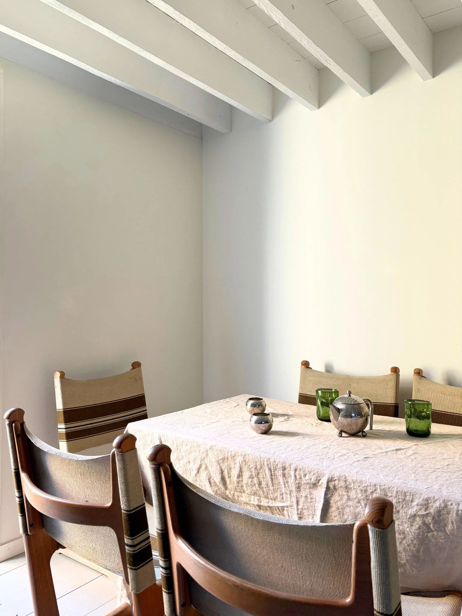 Set of Mid Century Canvas and Beech Wood Sling Dining Chairs - Bureau Bruton