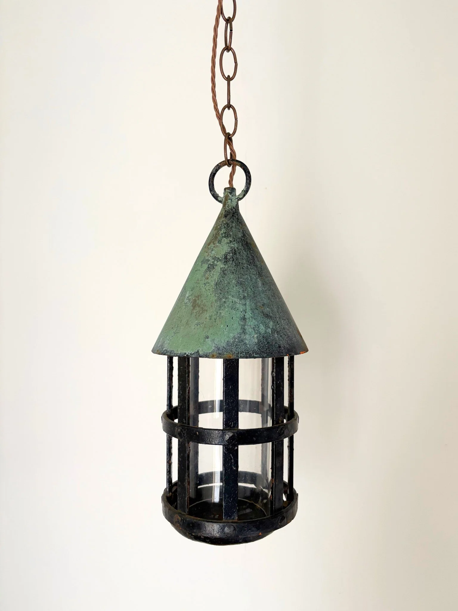 Vintage Verdigris Copper Hanging Lantern For Porch or Hall - Bureau Bruton Antiques and Design Shop and Gallery