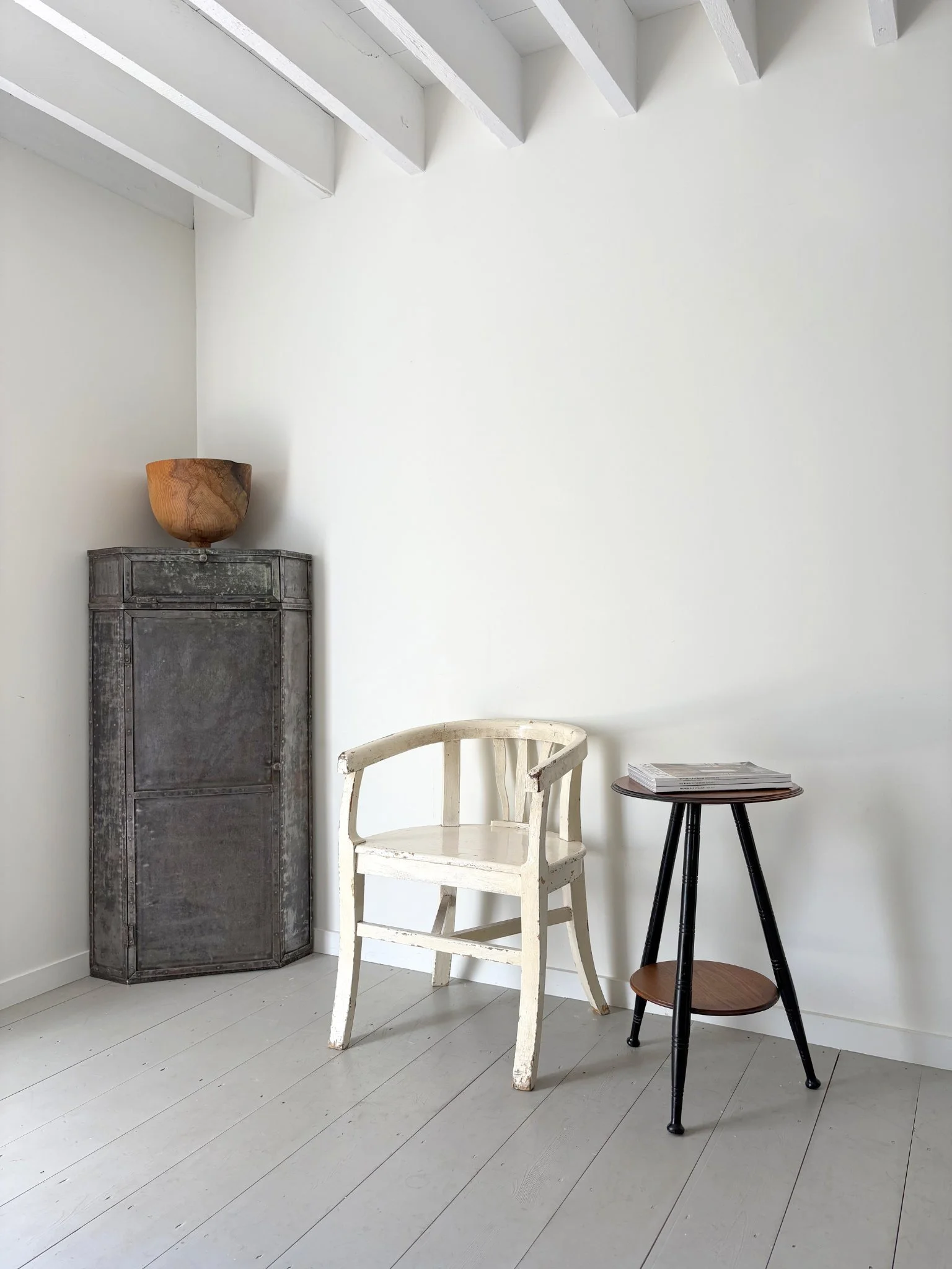 Ebonised Side Table, photographed at the Bruton showroom and styled with our Patinated Steel Corner Cabinet - Bureau Bruton
