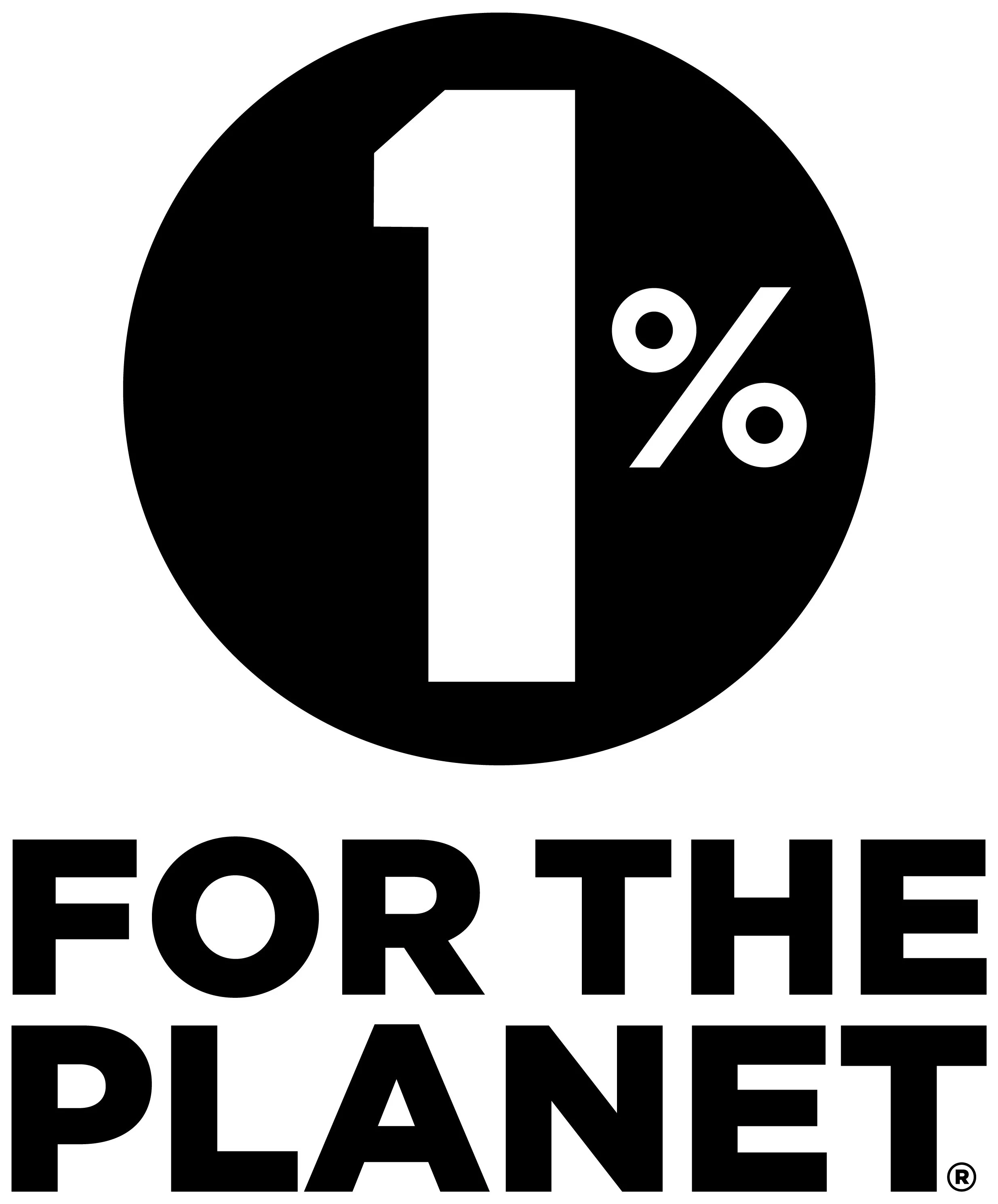 Black circle with white text reading '1%' and the phrase 'FOR THE PLANET' below.