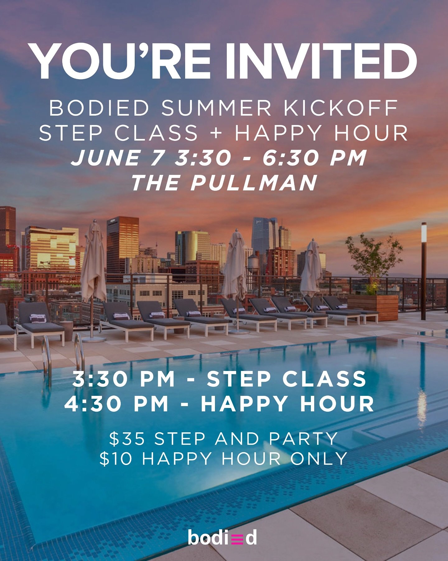 Join us for an our summer kickoff party at The Pullman &mdash; a rooftop step class followed by a happy hour party. Golden hour, great music, and even better company!
🗓️ June 7 | 3:30&ndash;6:30 PM 📍 1959 Wewatta St, Denver 🎟️ $35 for class + part