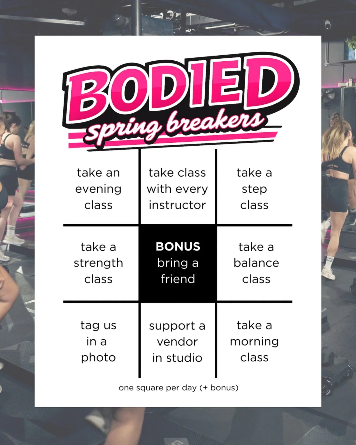 icymi, spring break is here. grab your challenge card at the desk 👀 

what to expect? special themes, exclusive merch, so many vendors, free guests, a membership sale, a party, and more.

make sure you have push notifications on in the new app + kee