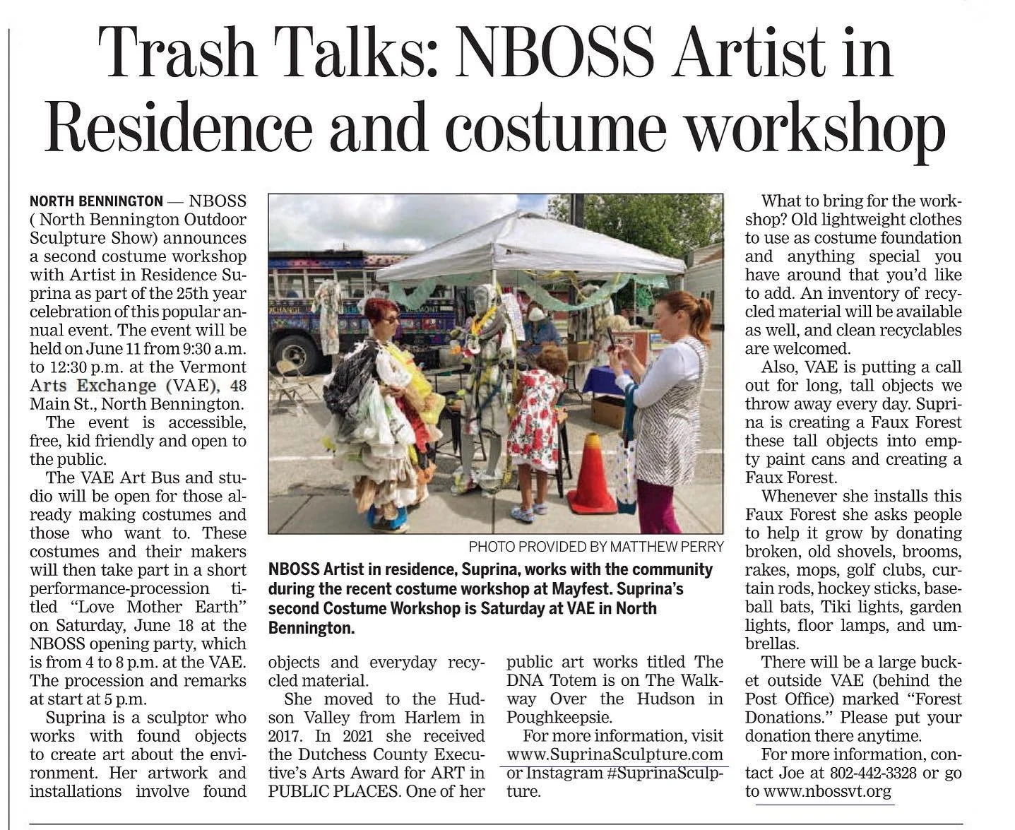 Newspaper article about a costume workshop featuring artist Suprina in North Bennington, with details on the event's schedule, location, and materials needed. Includes a photo of Suprina at the workshop.