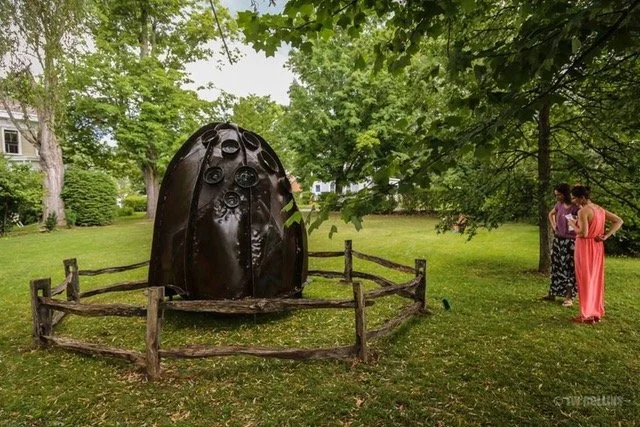 People observing a large egg-shaped metal sculpture in a park, surrounded by a wooden fence and trees, with a grassy setting and buildings in the background.