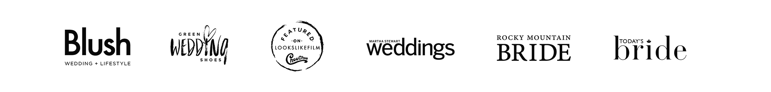 Featured press and wedding publication badges including Martha Stewart Weddings, Rocky Mountain Bride, Blush Magazine, Green Wedding Shoes, and Today's Bride for Edmonton wedding photographer Laurie K. Jensen.