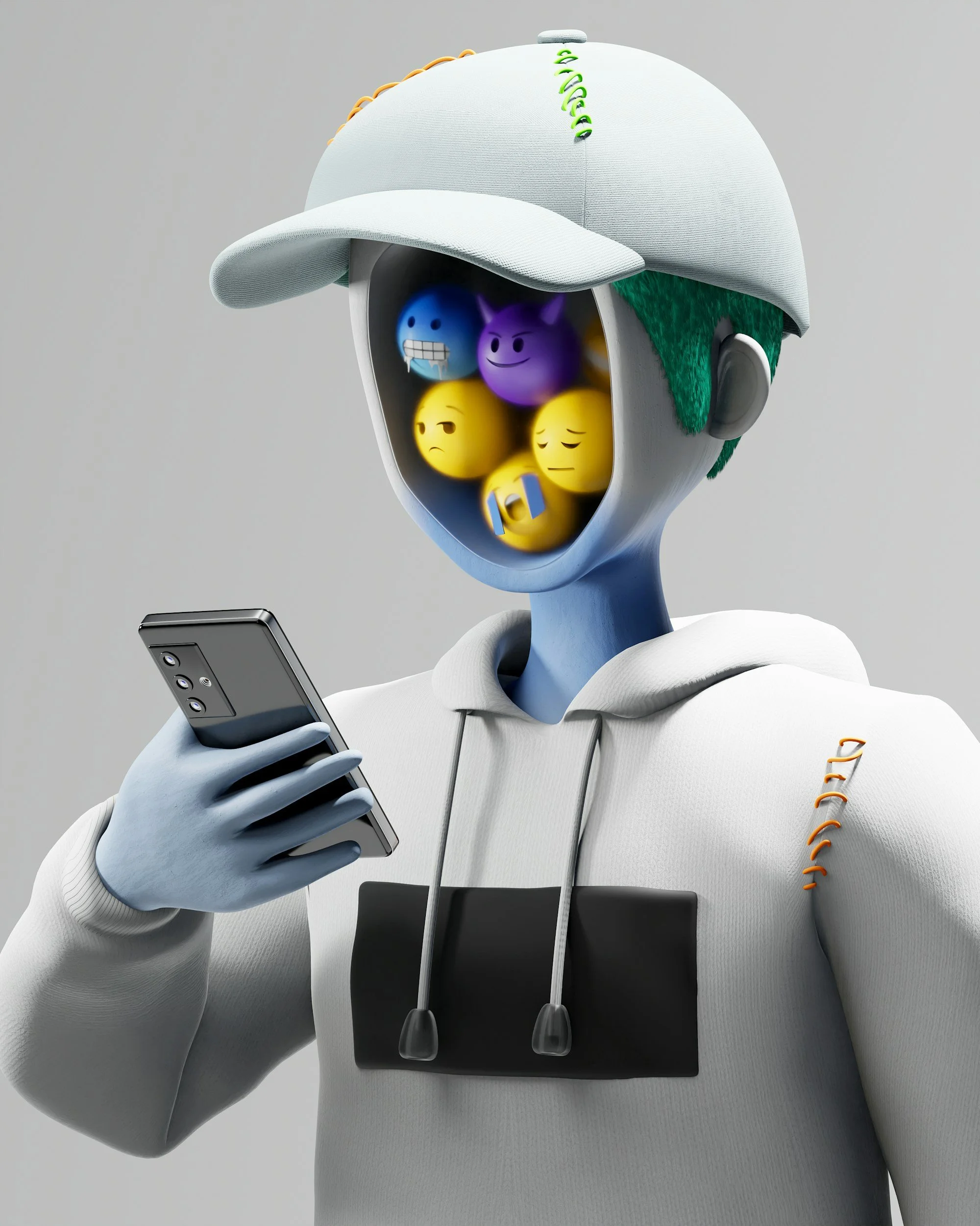 A futuristic android with a human-like body, wearing a baseball cap and hoodie, holding a smartphone, with robot emojis inside its open face resembling expressions.