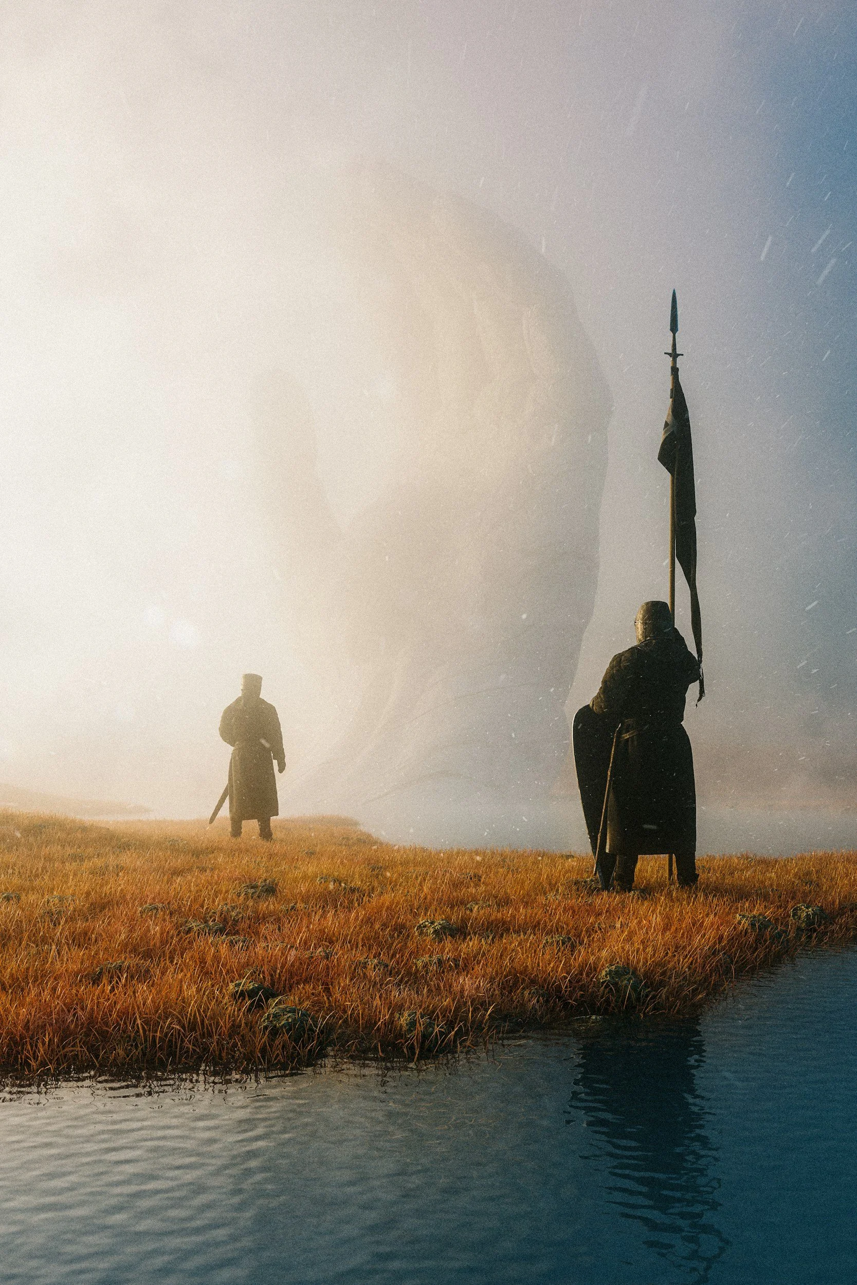 A person sitting on a chair holding a flag near water on a grassy field, with another person standing further in the background, during a misty or foggy morning or evening.