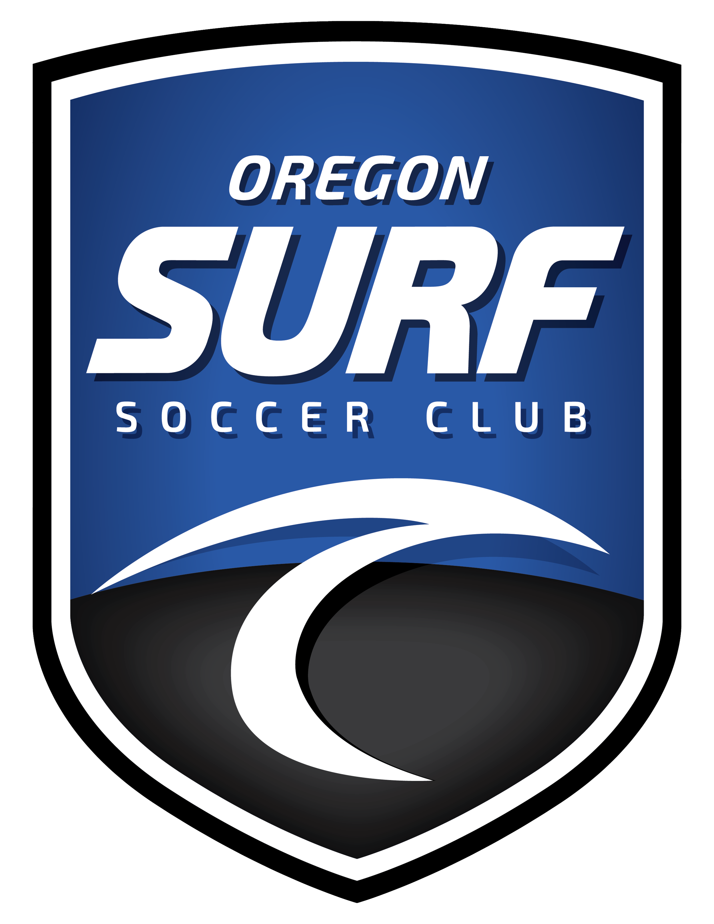 Logo of Oregon Surf Soccer Club, featuring a wave graphic on a blue shield background.