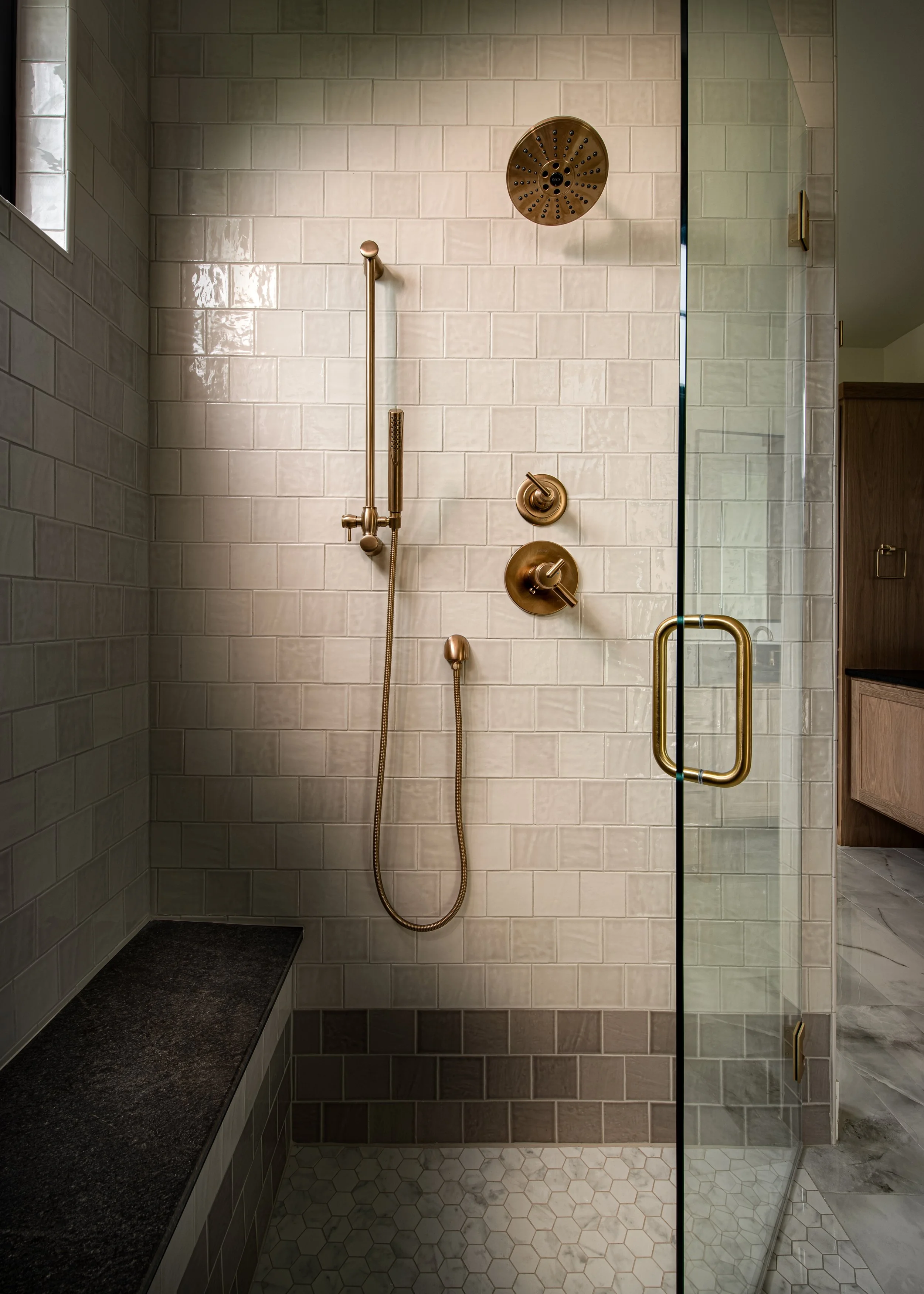 Square shower tile, modern traditional shower