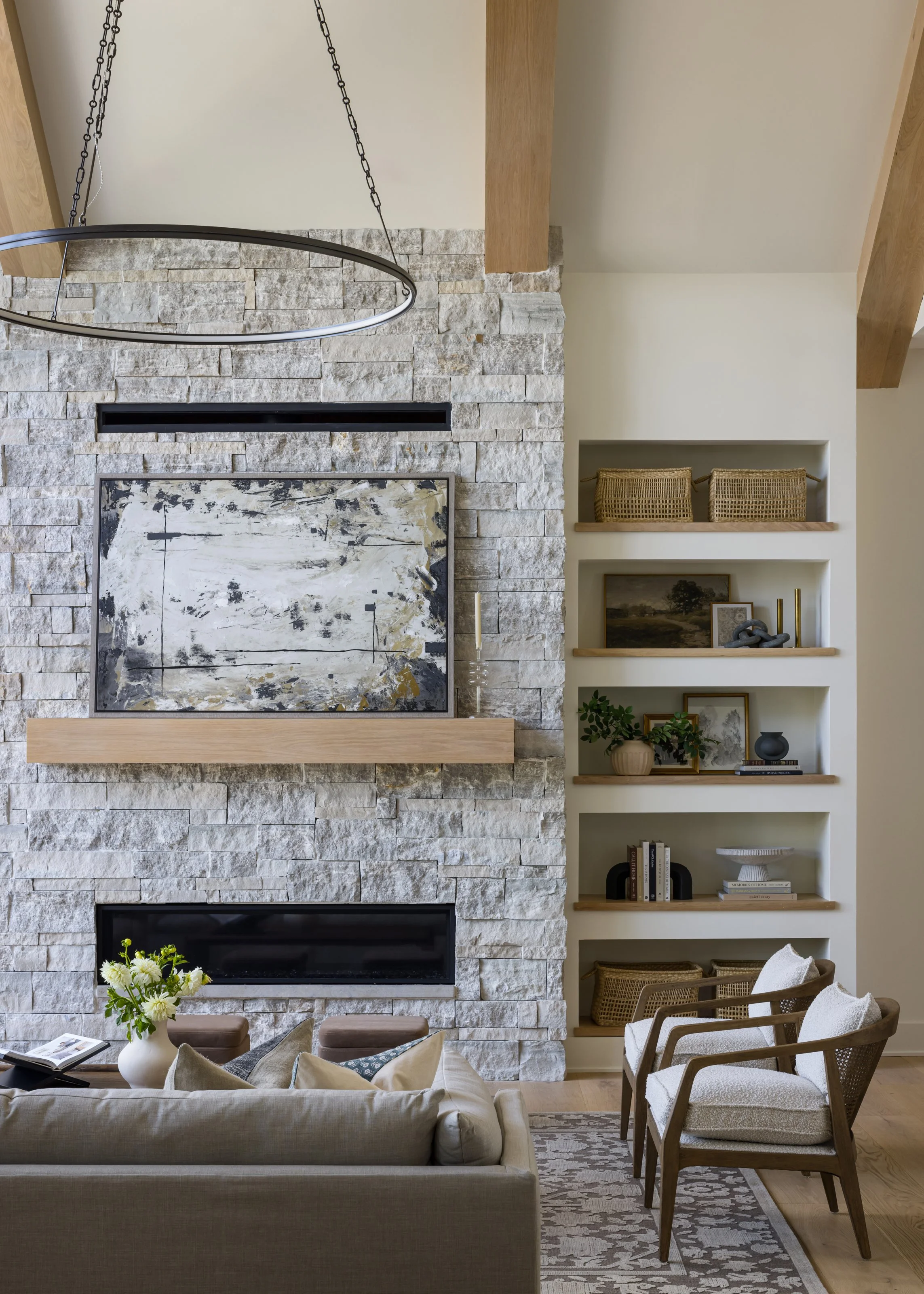 Modern Texas Hill Country fireplace, Drywall bookshelves, Hudson Valley Rosendale