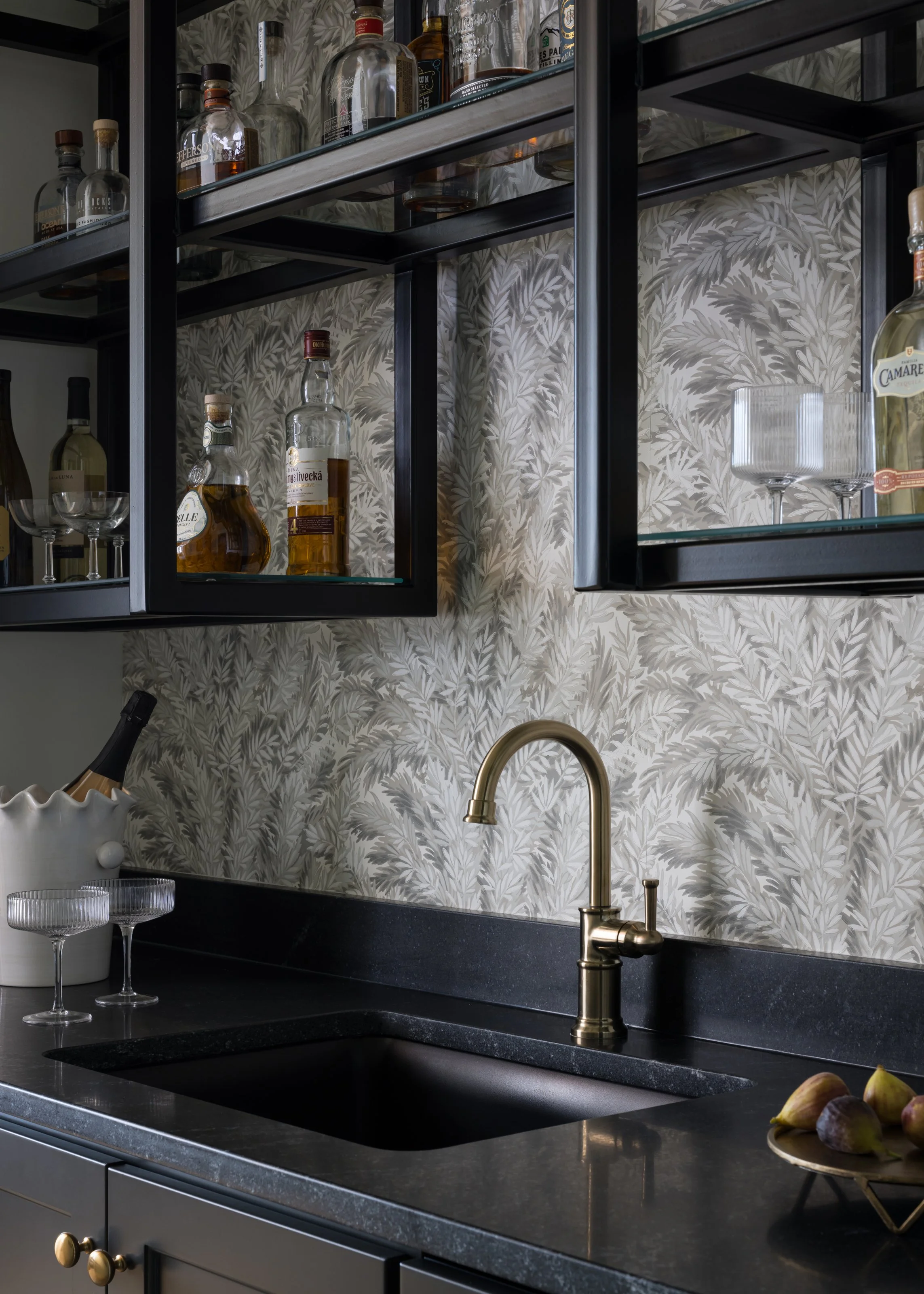 Metal bar shelves, Negresco countertops, Cole and Sons Florencecourt wallpaper