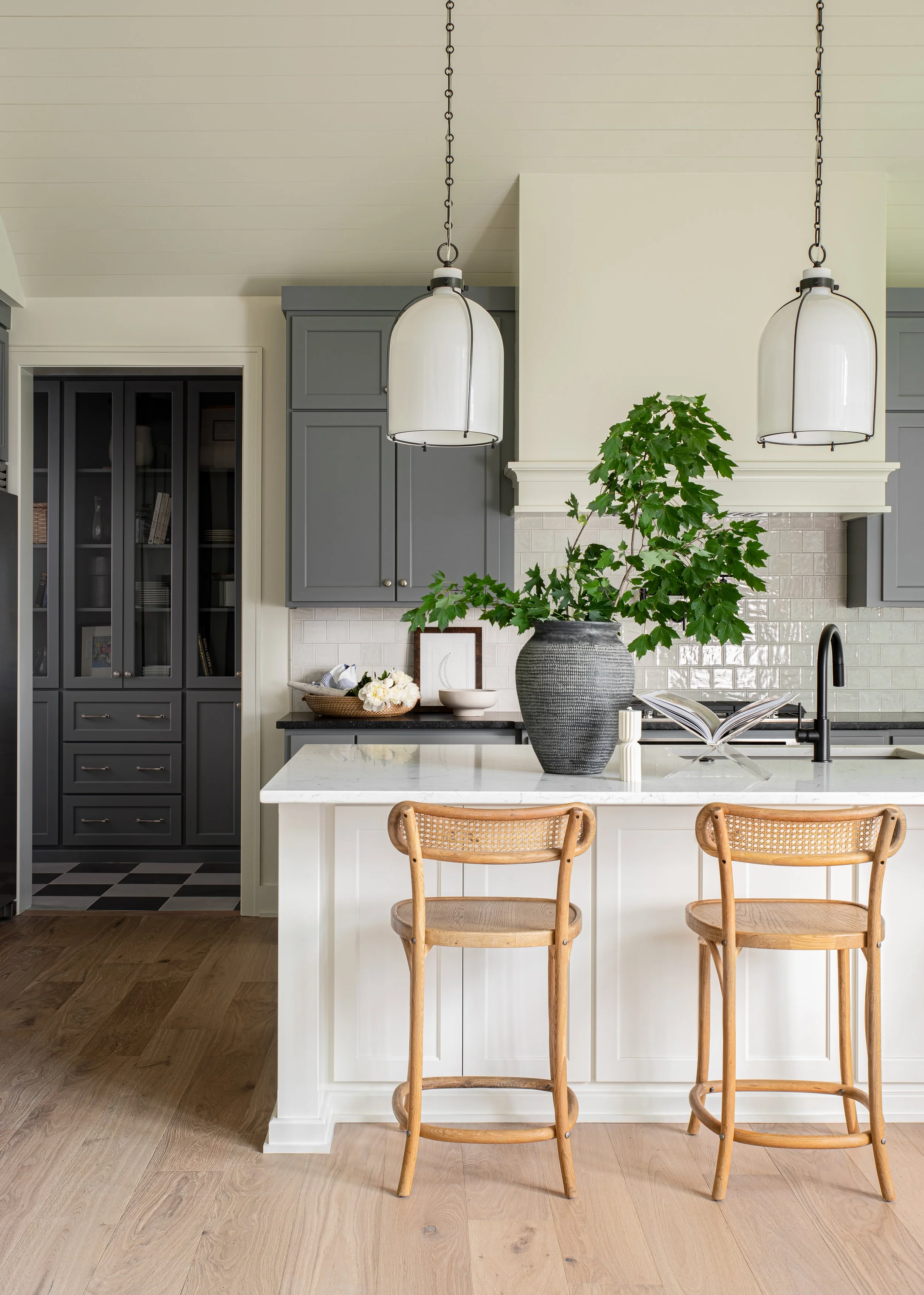 Blue grey kitchen cabinets with white island, modern cottage kitchen, cottage range hood
