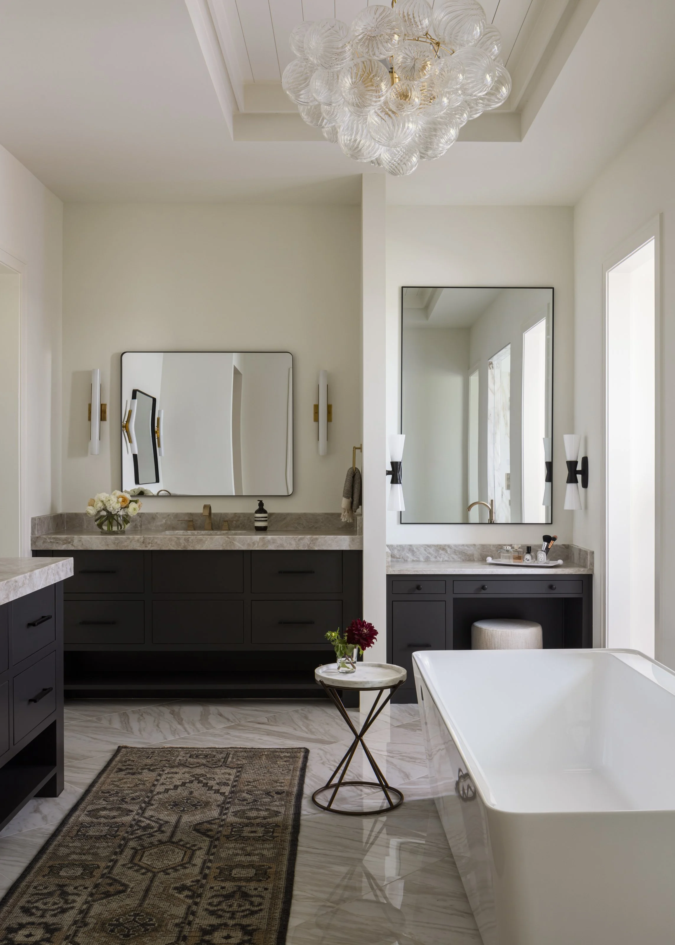 SW Iron Ore bathroom vanity, Modern Texas Hill Country Bathroom, Visual Comfort Talia, shiplap tray ceiling