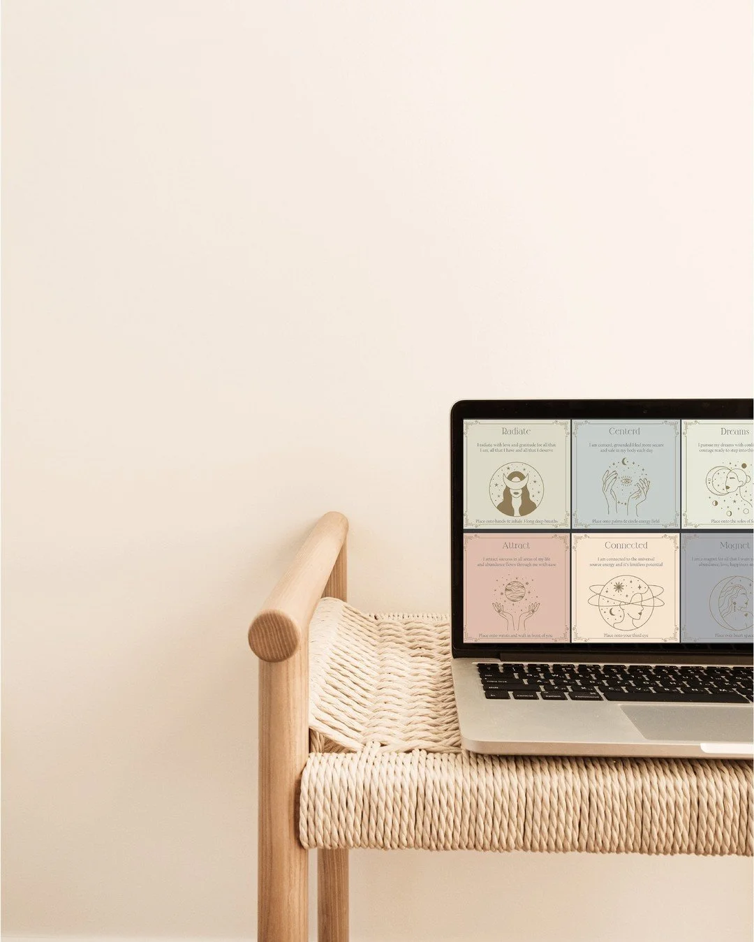 These beautiful cards were made up for a friend who uses oils daily with some affirmations, designed with neutral colours and a simple yet elegant picture and font choice. 

The brief was to create an elegant with a touch of boho - cosmic elements fo