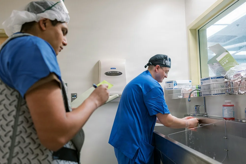 Mortuary science students in a clinical training environment
