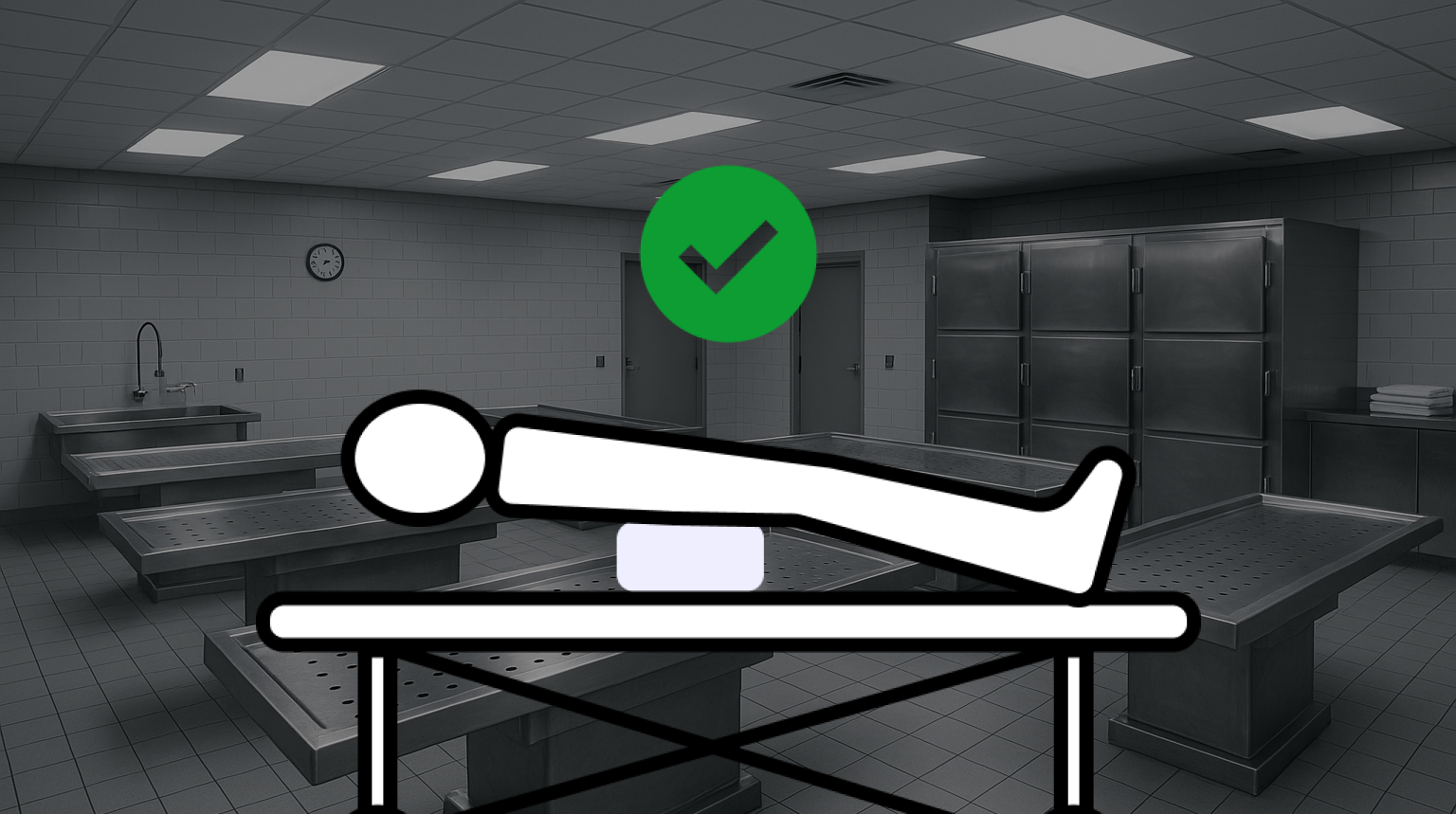 Illustration of a person lying on an operating table with a checkmark above, indicating readiness or approval, in a sterile medical or surgical room.