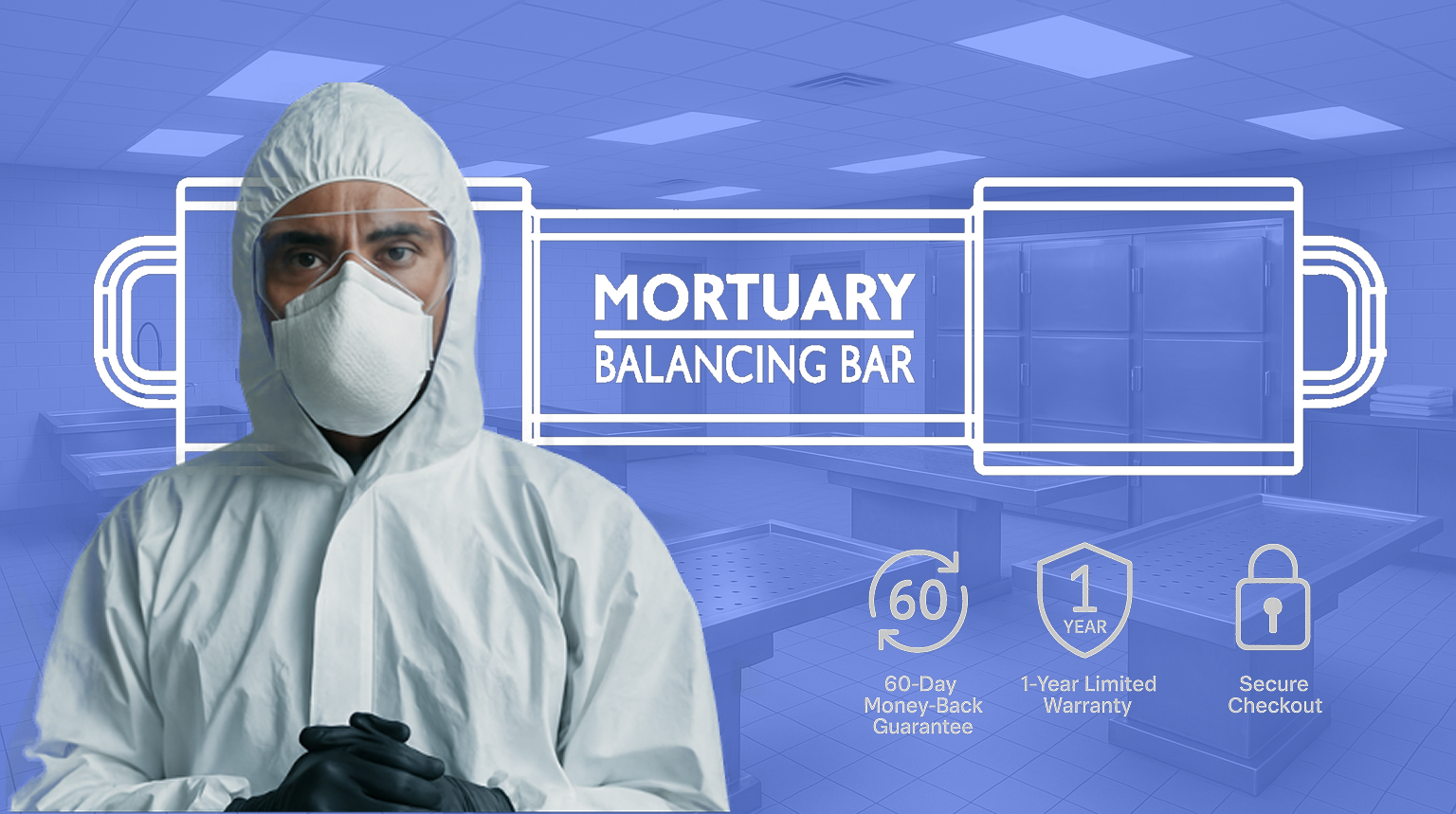 A person wearing protective medical gear including a mask, gloves, and coveralls standing in front of a digital background of a morgue or funeral home, with a sign reading 'Mortuary Balancing Bar' and icons indicating a 60-day money-back guarantee, one-year warranty, and secure checkout.