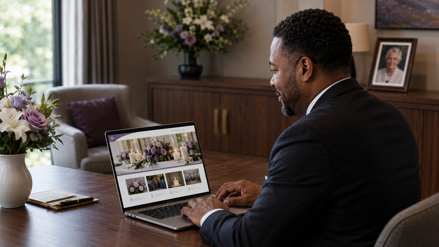 Funeral director reviewing a modern funeral home website on a laptop